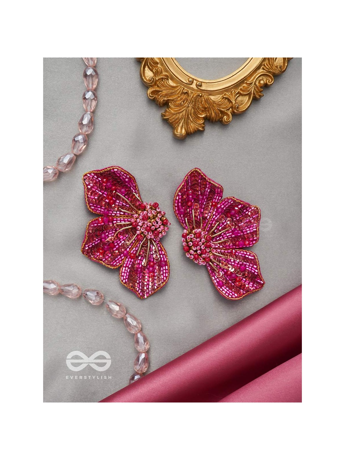 Prasthika- The Crimson Hibiscus- Sequins And Beads Embroidered Stud Earrings