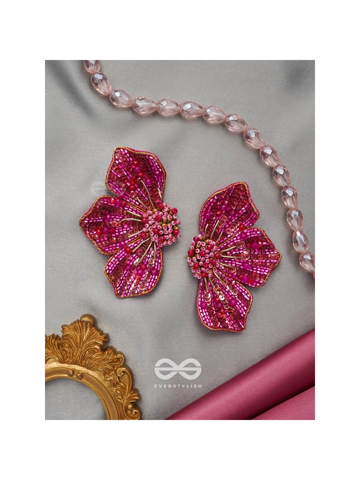 Prasthika- The Crimson Hibiscus- Sequins And Beads Embroidered Stud Earrings