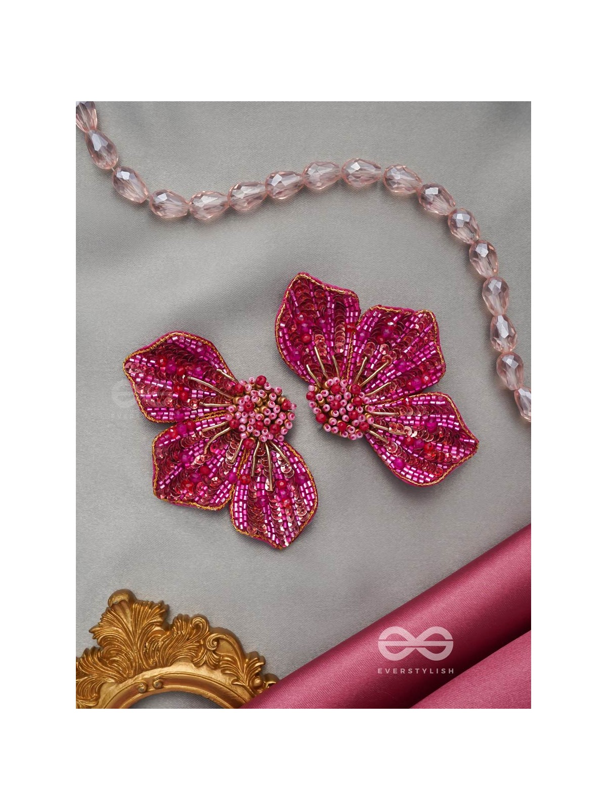 Prasthika- The Crimson Hibiscus- Sequins And Beads Embroidered Stud Earrings
