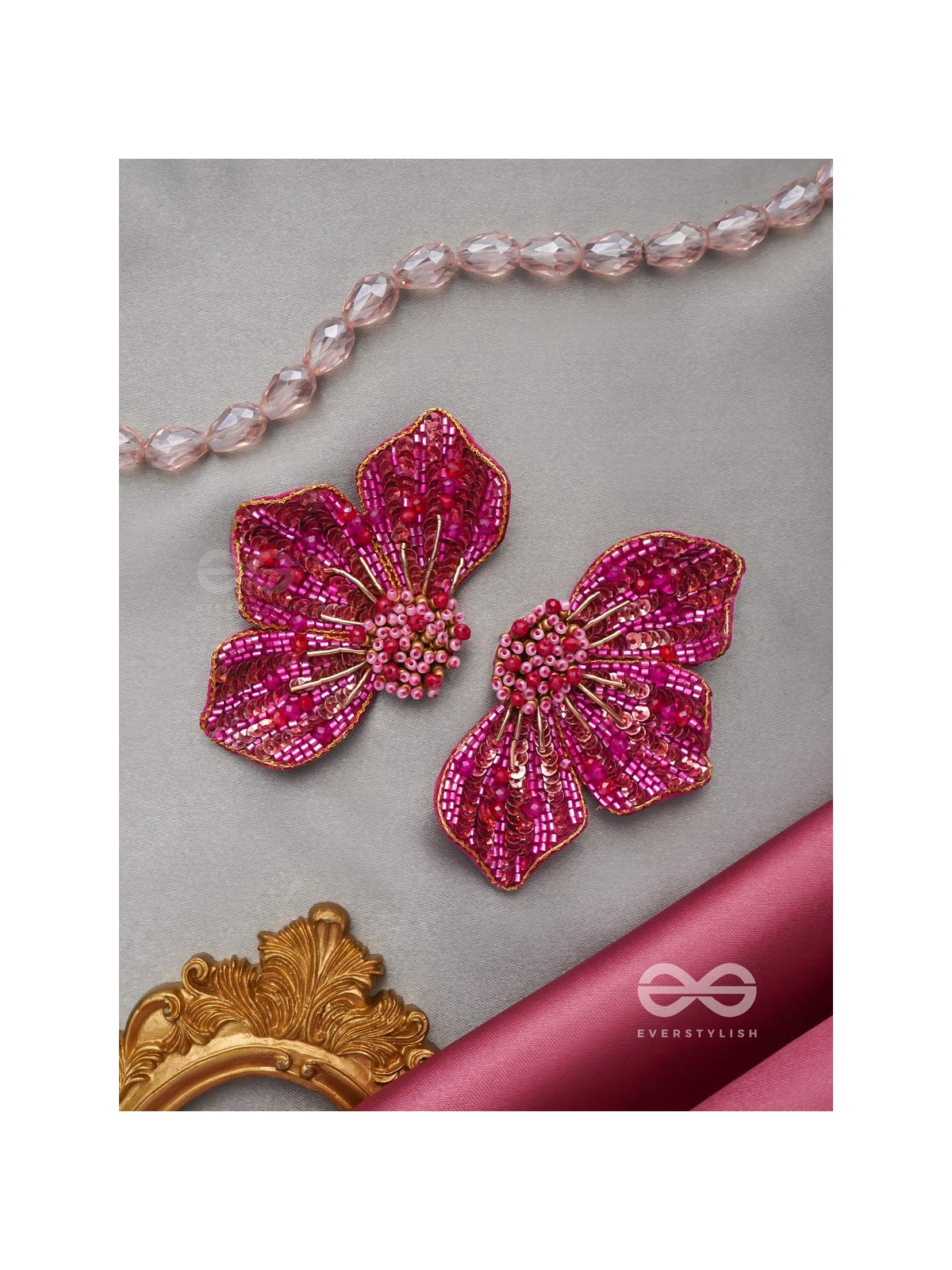 Prasthika- The Crimson Hibiscus- Sequins And Beads Embroidered Stud Earrings
