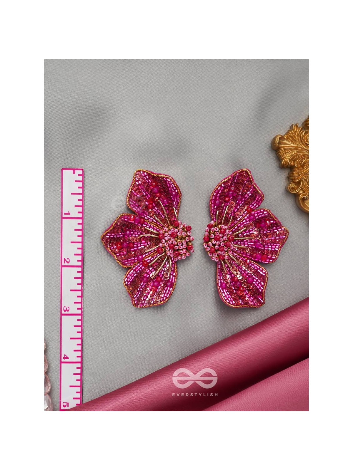 Prasthika- The Crimson Hibiscus- Sequins And Beads Embroidered Stud Earrings