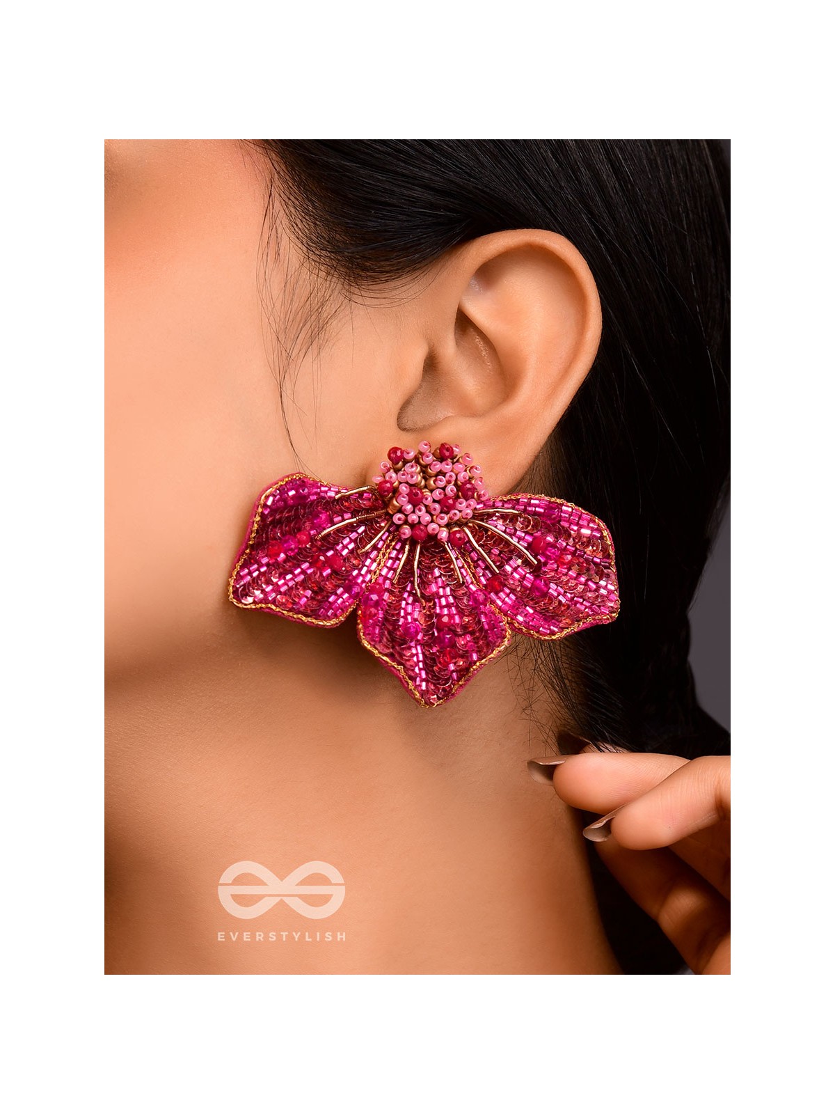 Prasthika- The Crimson Hibiscus- Sequins And Beads Embroidered Stud Earrings