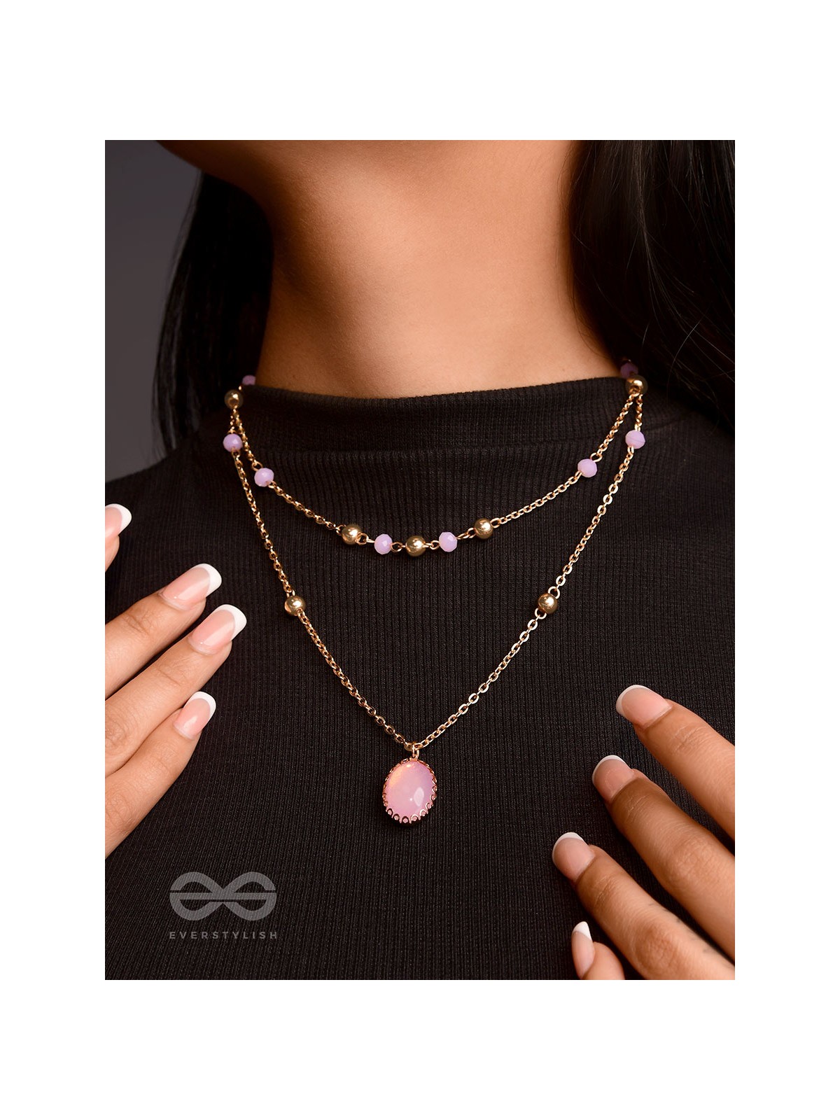 The Pink Pizzazz- Golden Embellished Layered Necklace With Anti-Tarnish Coating