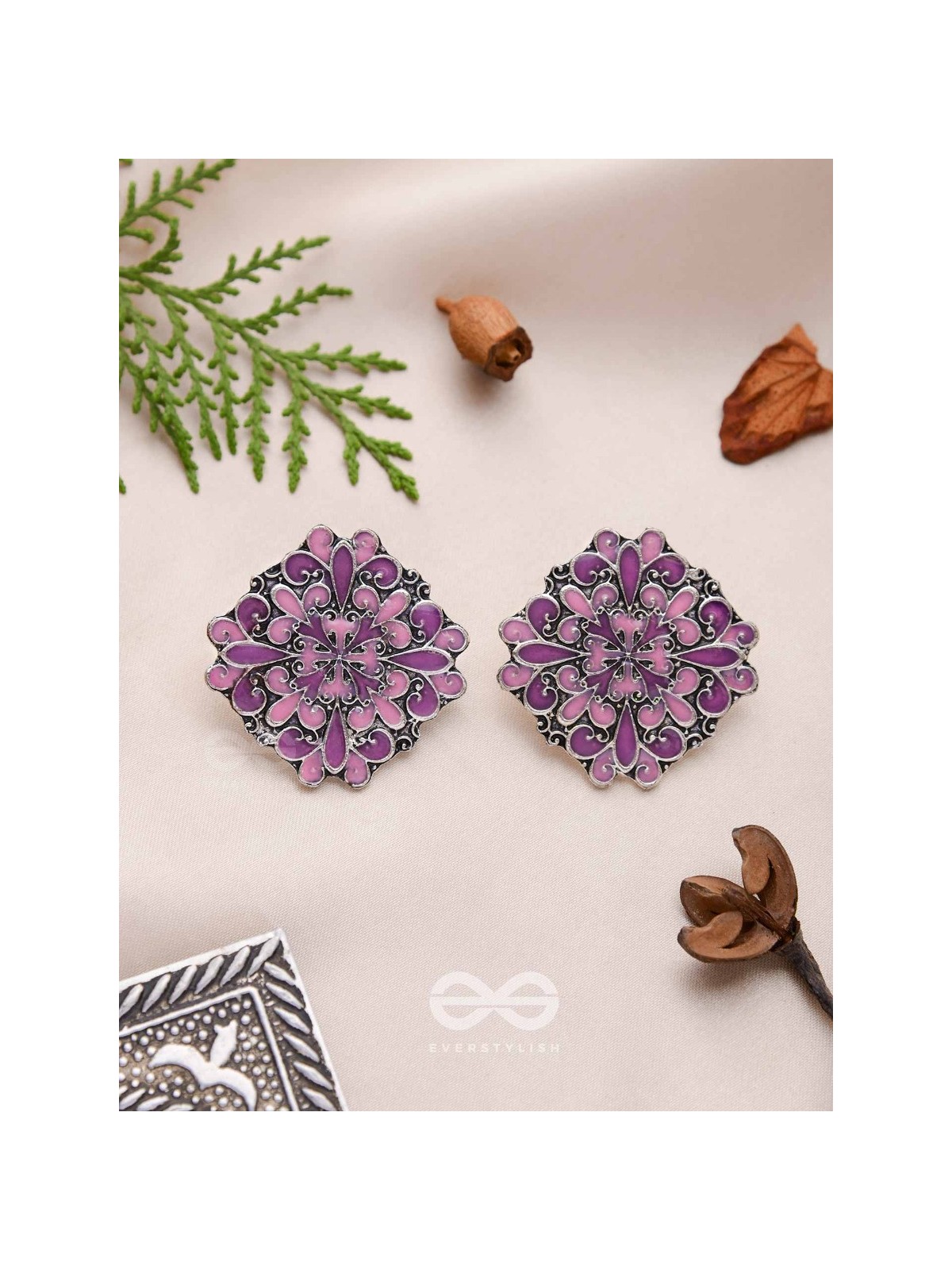 The Floral Fantasy - Oxidised Statement Stud Earrings (Violet & Orchid Purple)
