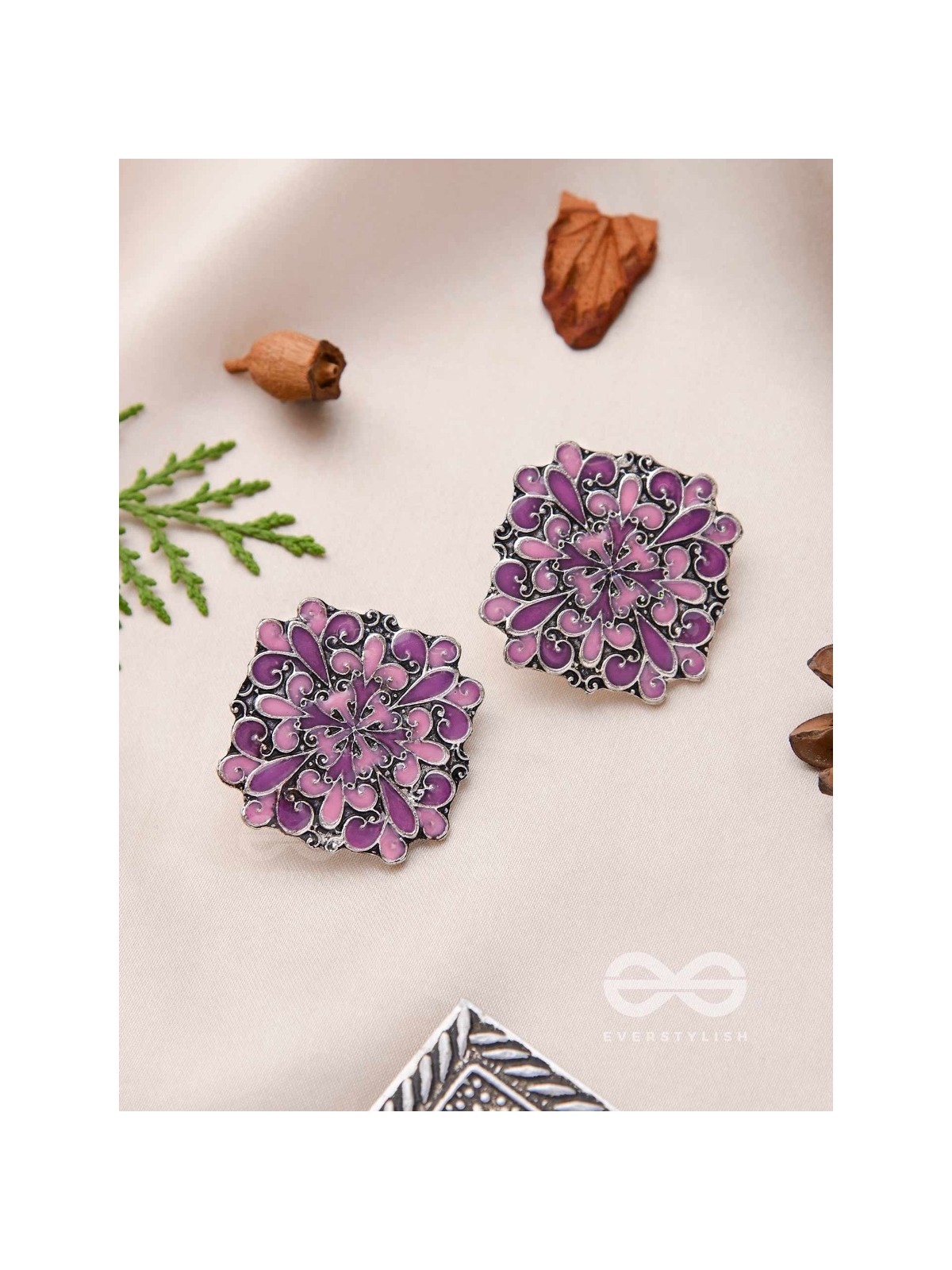 The Floral Fantasy - Oxidised Statement Stud Earrings (Violet & Orchid Purple)