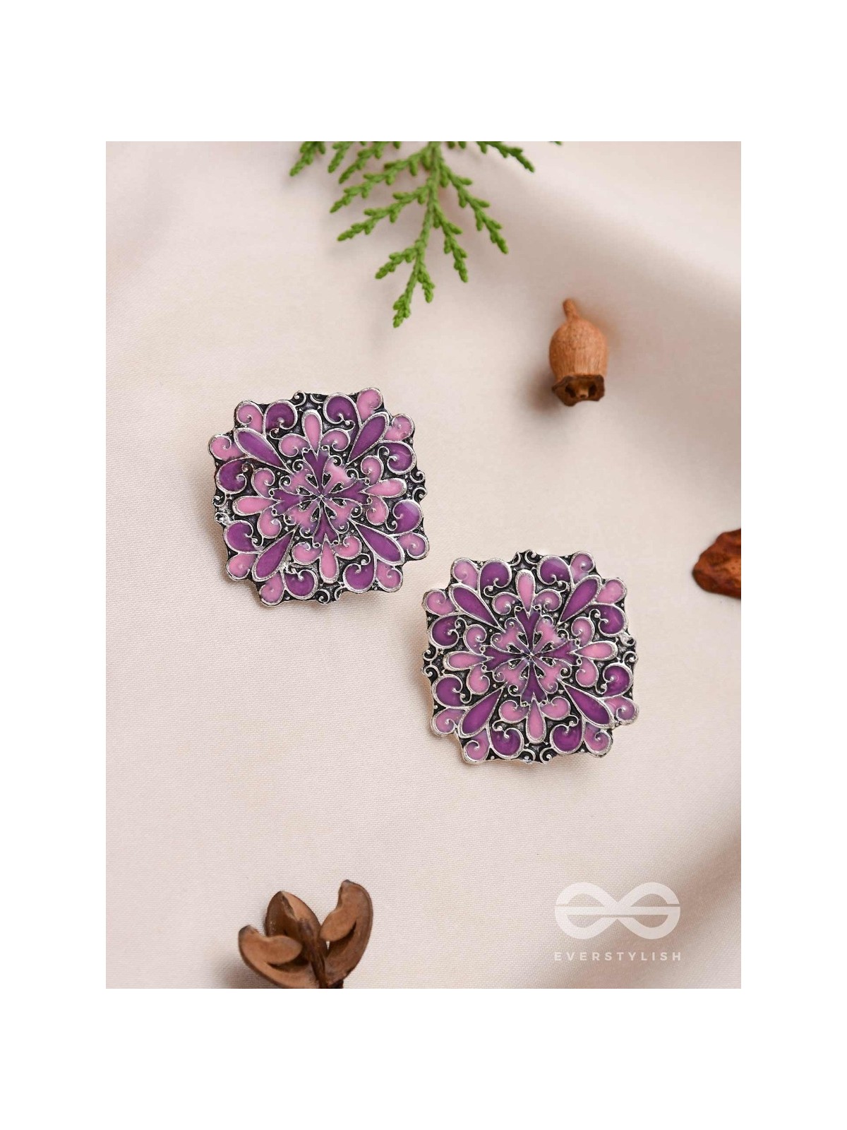 The Floral Fantasy - Oxidised Statement Stud Earrings (Violet & Orchid Purple)