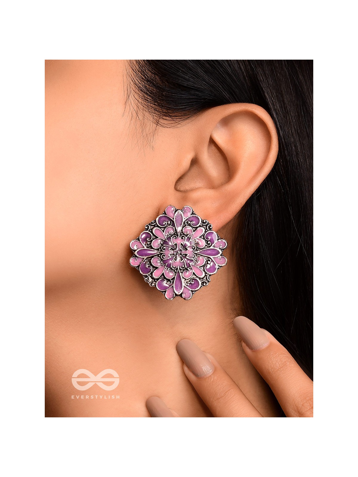 The Floral Fantasy - Oxidised Statement Stud Earrings (Violet & Orchid Purple)