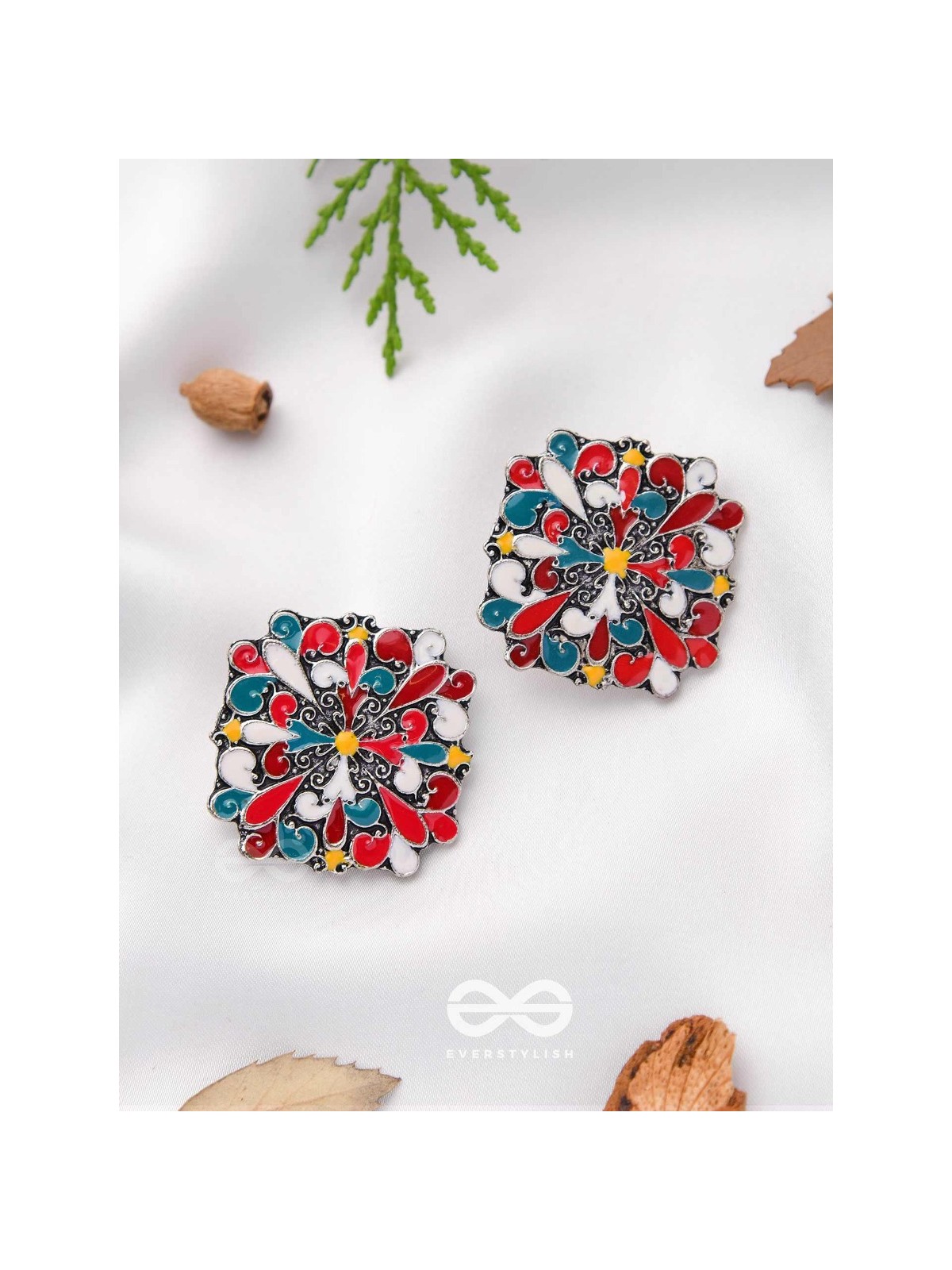 The Floral Fantasy- Oxidised Statement Stud Earrings  (Stone Blue, Crimson & Red Orange)