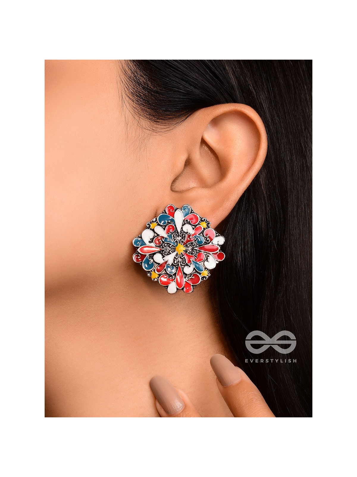 The Floral Fantasy- Oxidised Statement Stud Earrings  (Stone Blue, Crimson & Red Orange)