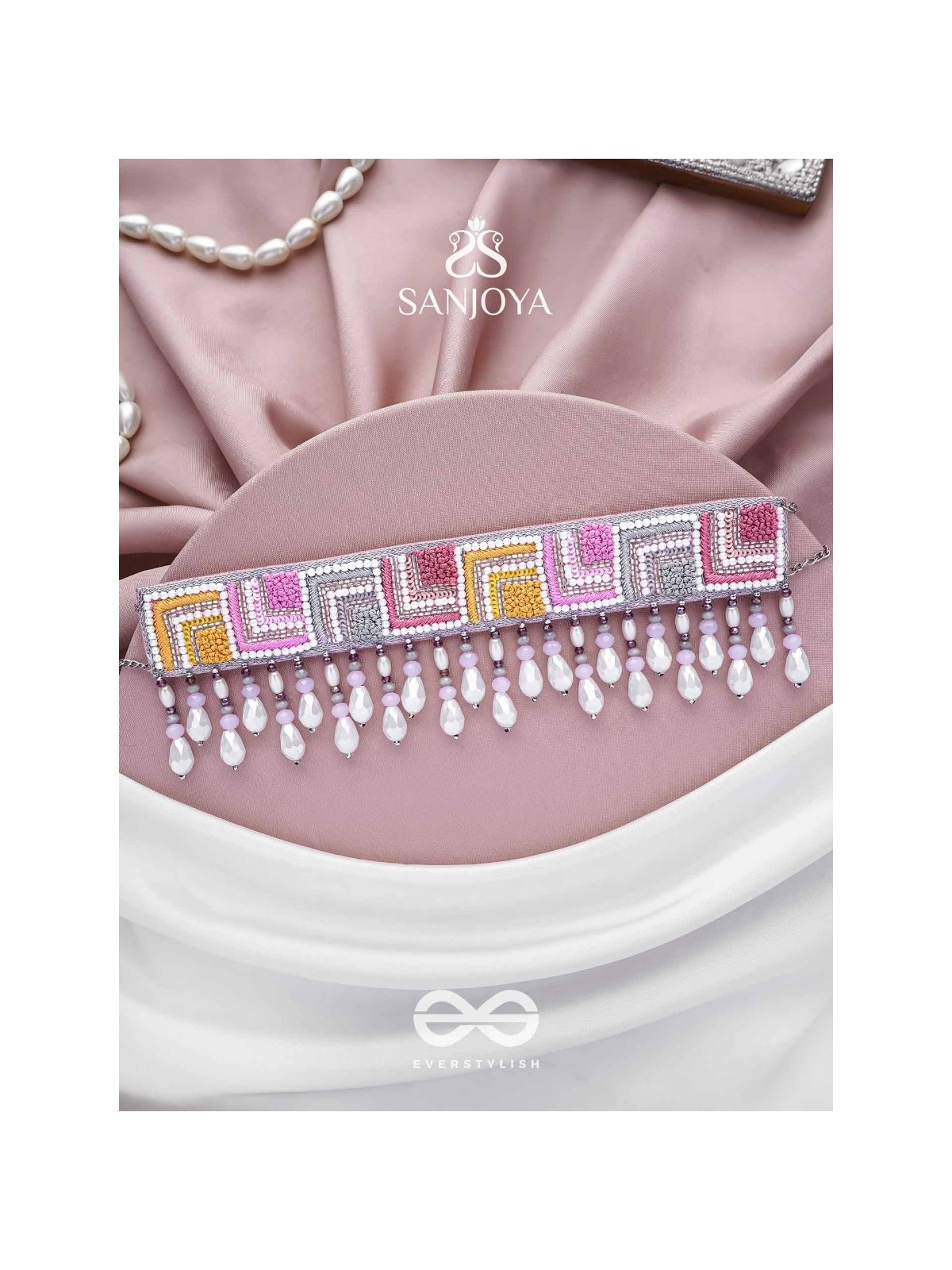 Karmuka - The Jazzy Rainbow - Resham, Beads And Glass Drops Hand Embroidered Choker Neckpiece