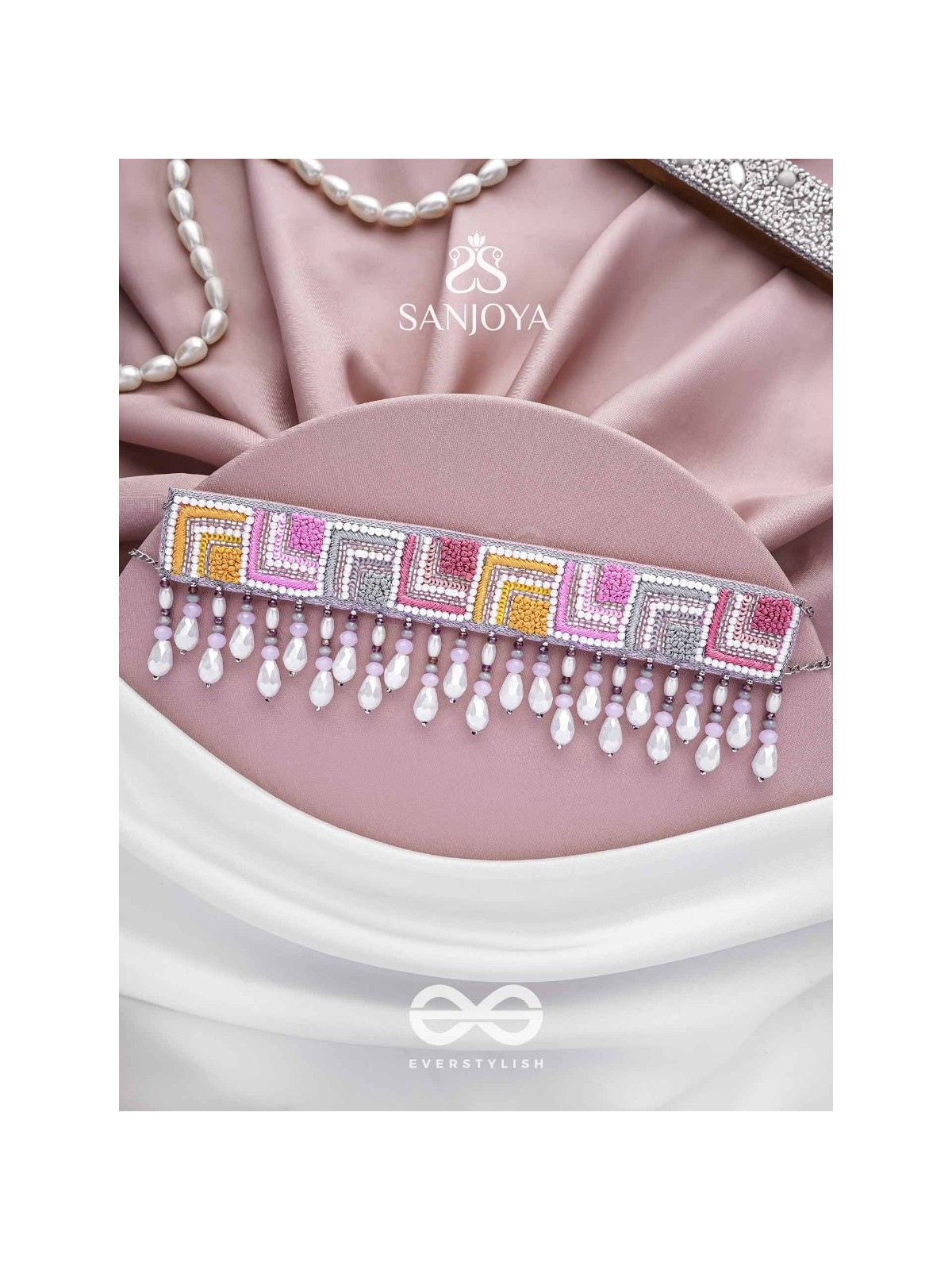 Karmuka - The Jazzy Rainbow - Resham, Beads And Glass Drops Hand Embroidered Choker Neckpiece