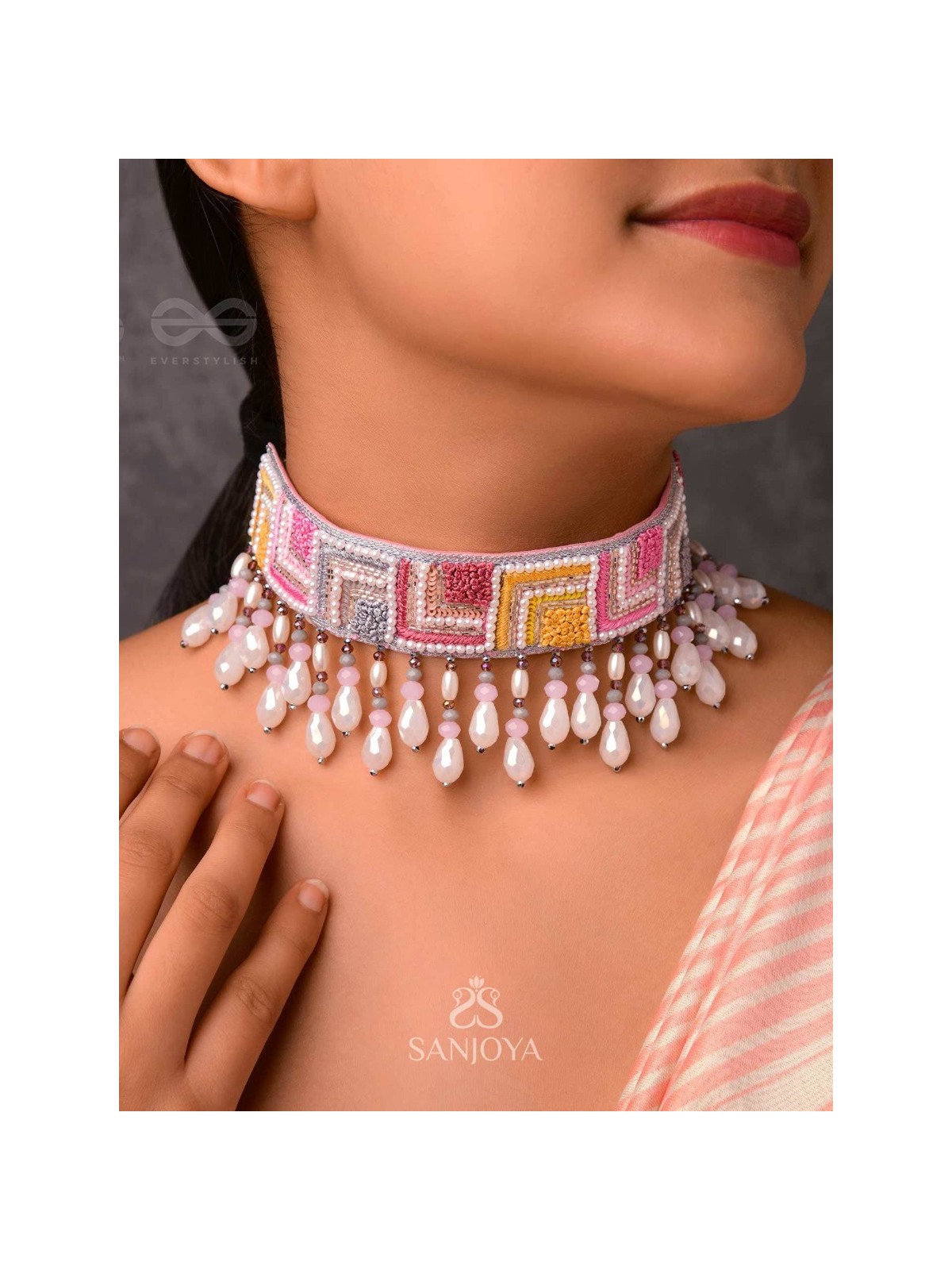 Karmuka - The Jazzy Rainbow - Resham, Beads And Glass Drops Hand Embroidered Choker Neckpiece