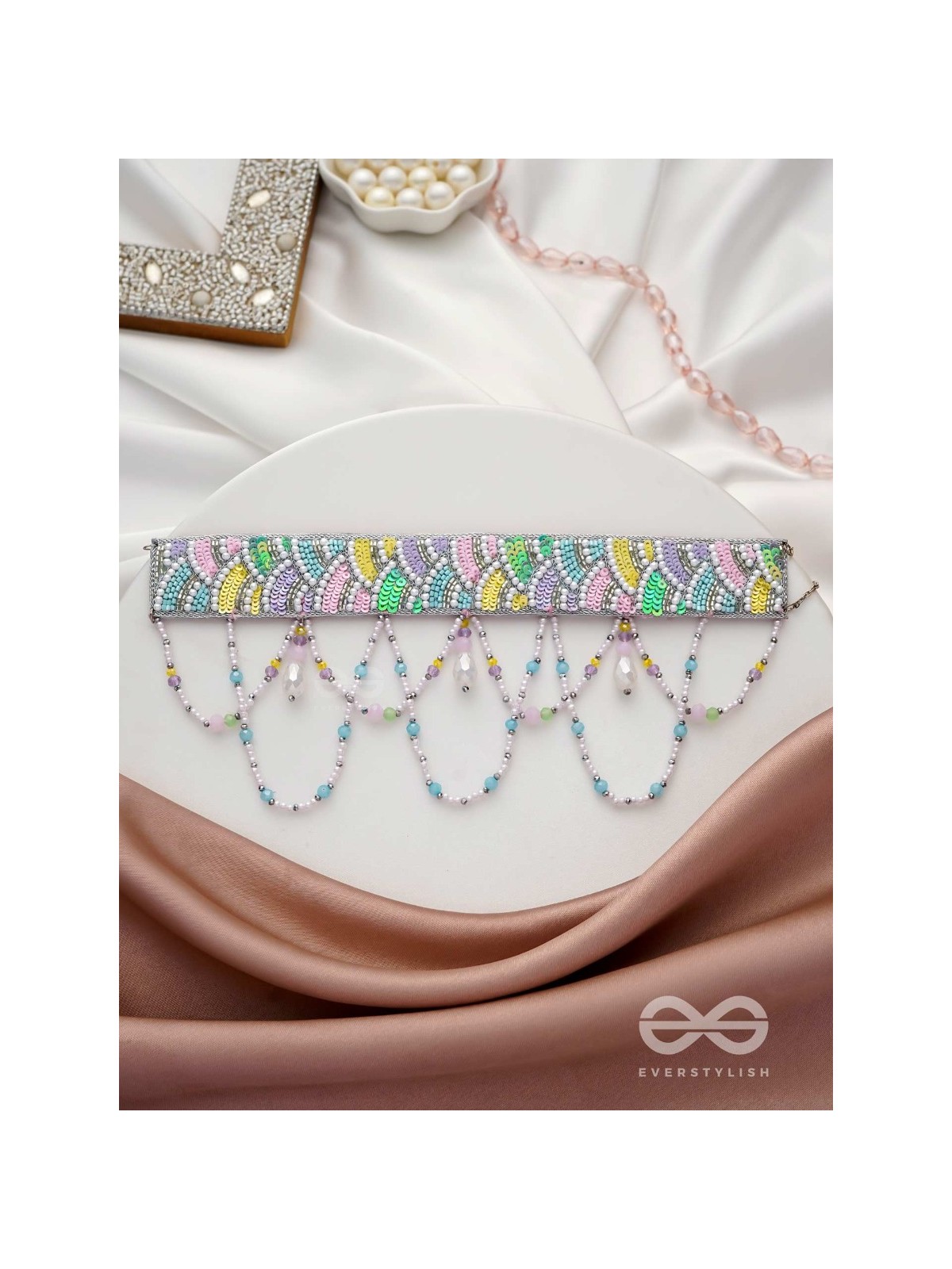 Paatalya - The Flower Meadow - Sequins, Beads And Glass Drops Hand Embroidered Choker Necpiece