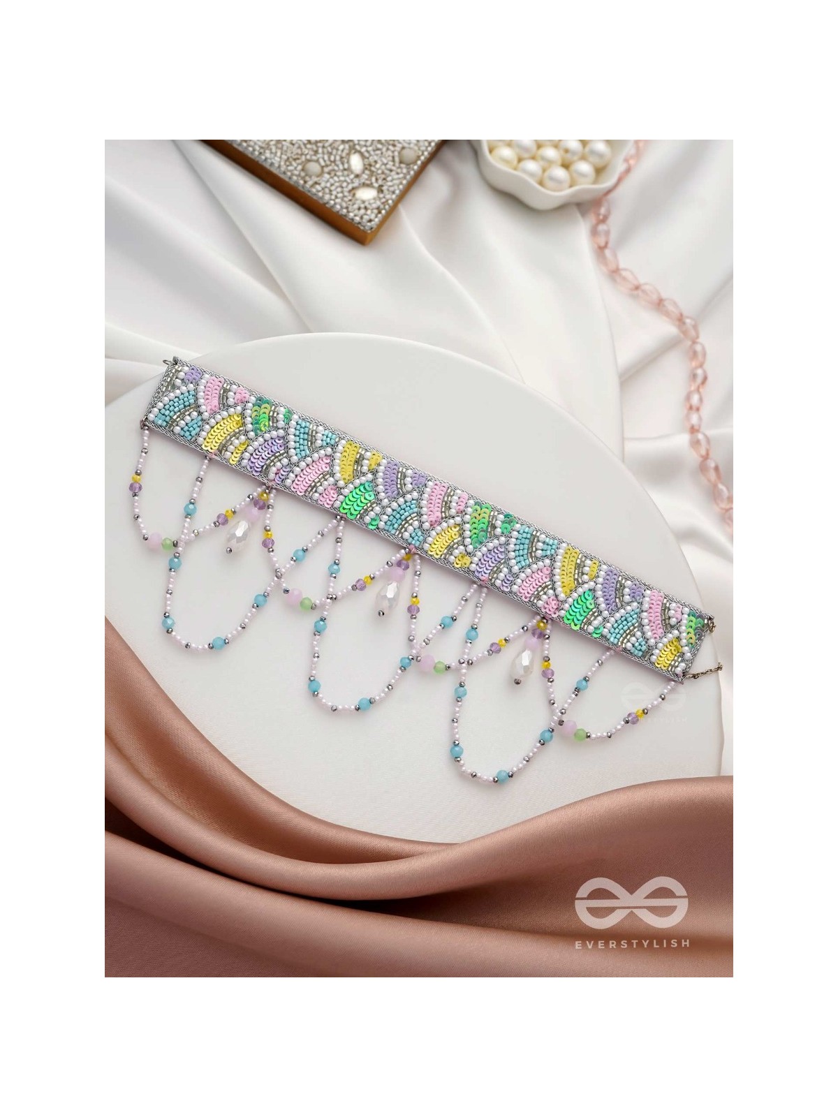 Paatalya - The Flower Meadow - Sequins, Beads And Glass Drops Hand Embroidered Choker Necpiece