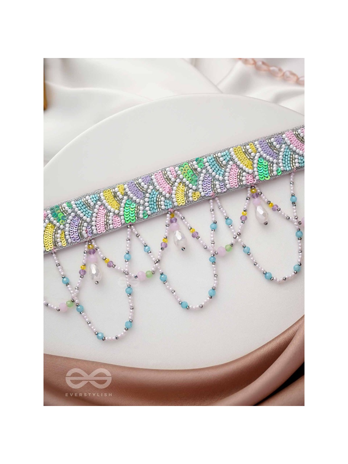 Paatalya - The Flower Meadow - Sequins, Beads And Glass Drops Hand Embroidered Choker Necpiece