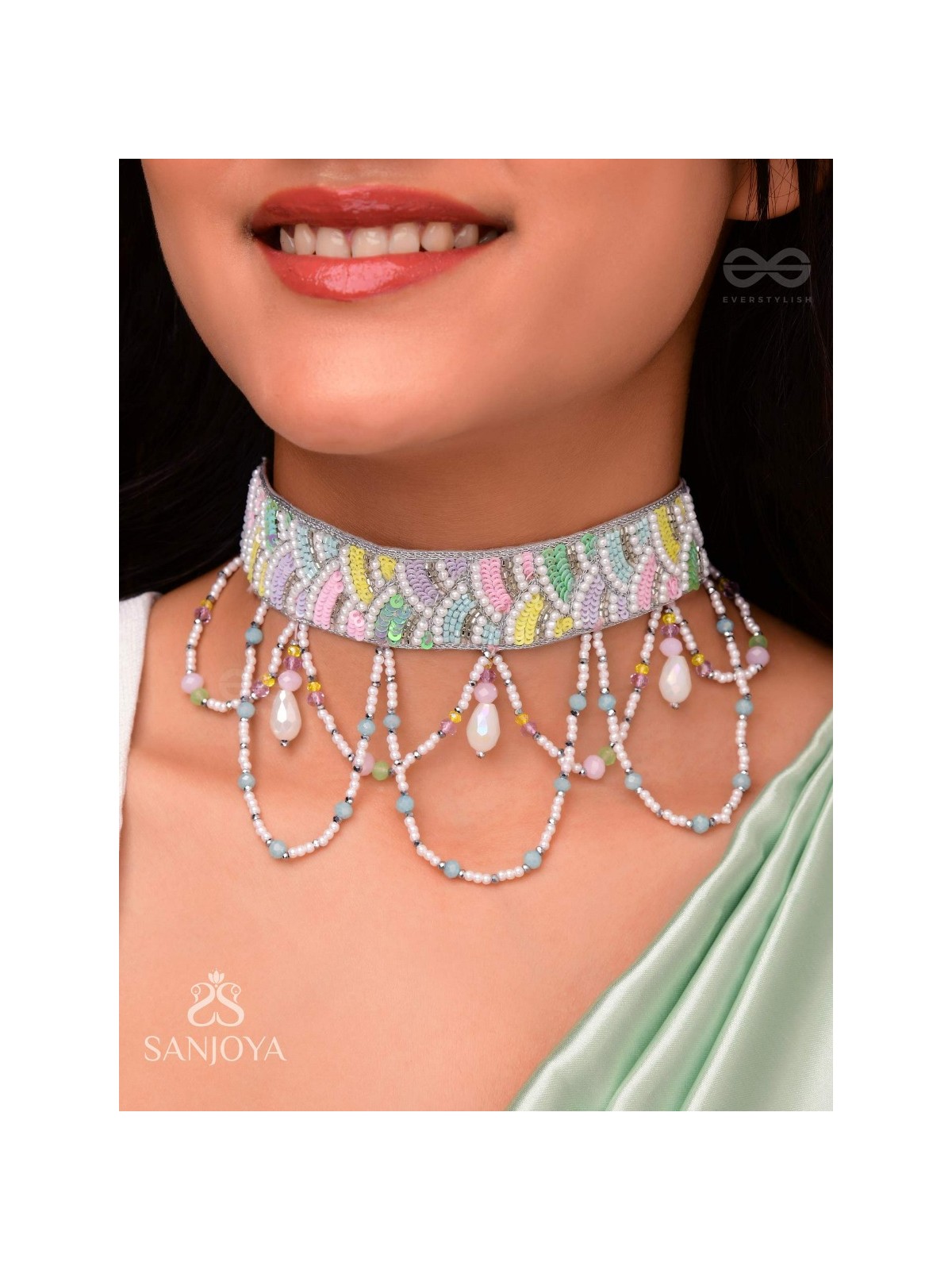 Paatalya - The Flower Meadow - Sequins, Beads And Glass Drops Hand Embroidered Choker Necpiece