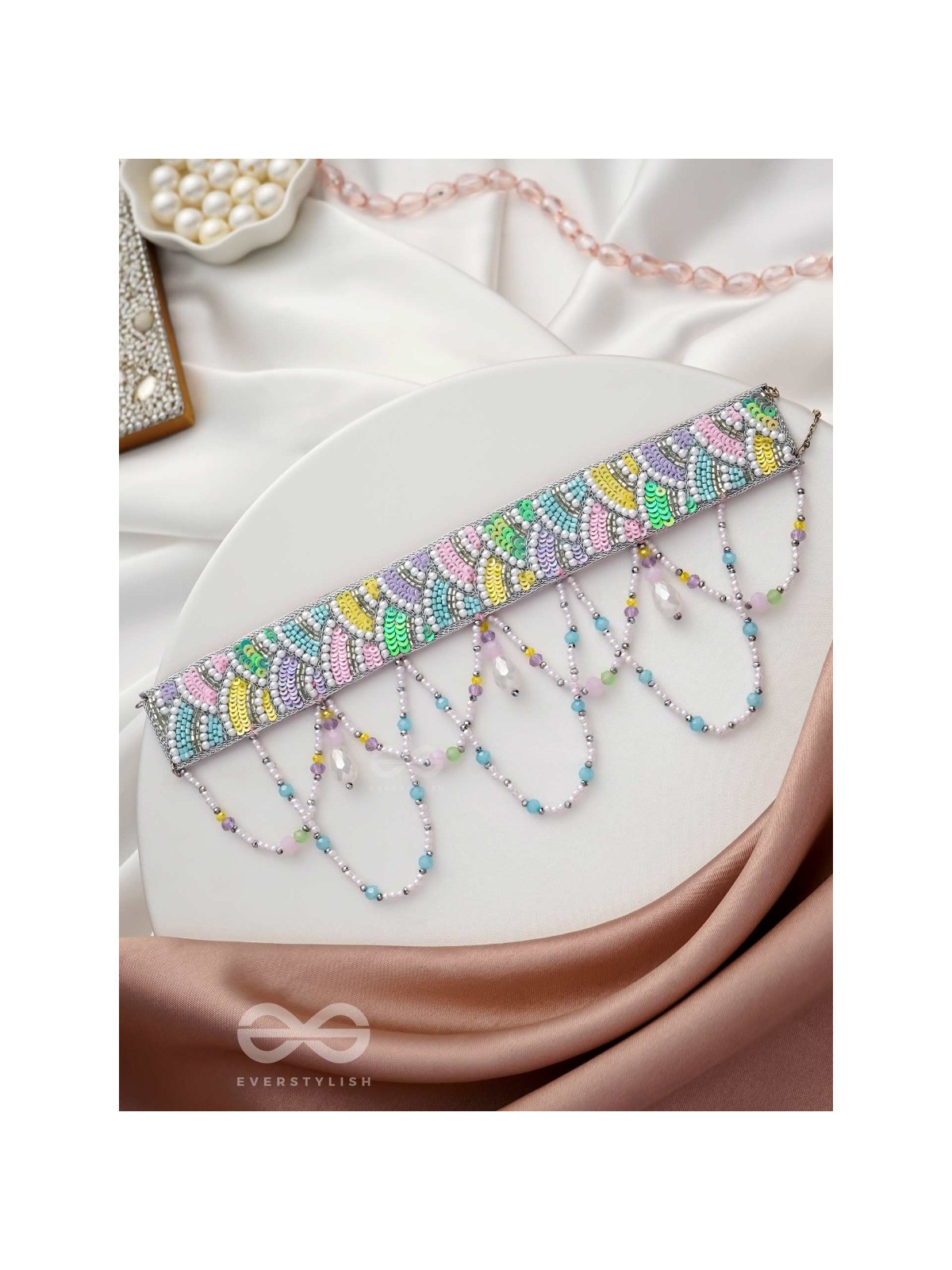 Paatalya - The Flower Meadow - Sequins, Beads And Glass Drops Hand Embroidered Choker Necpiece