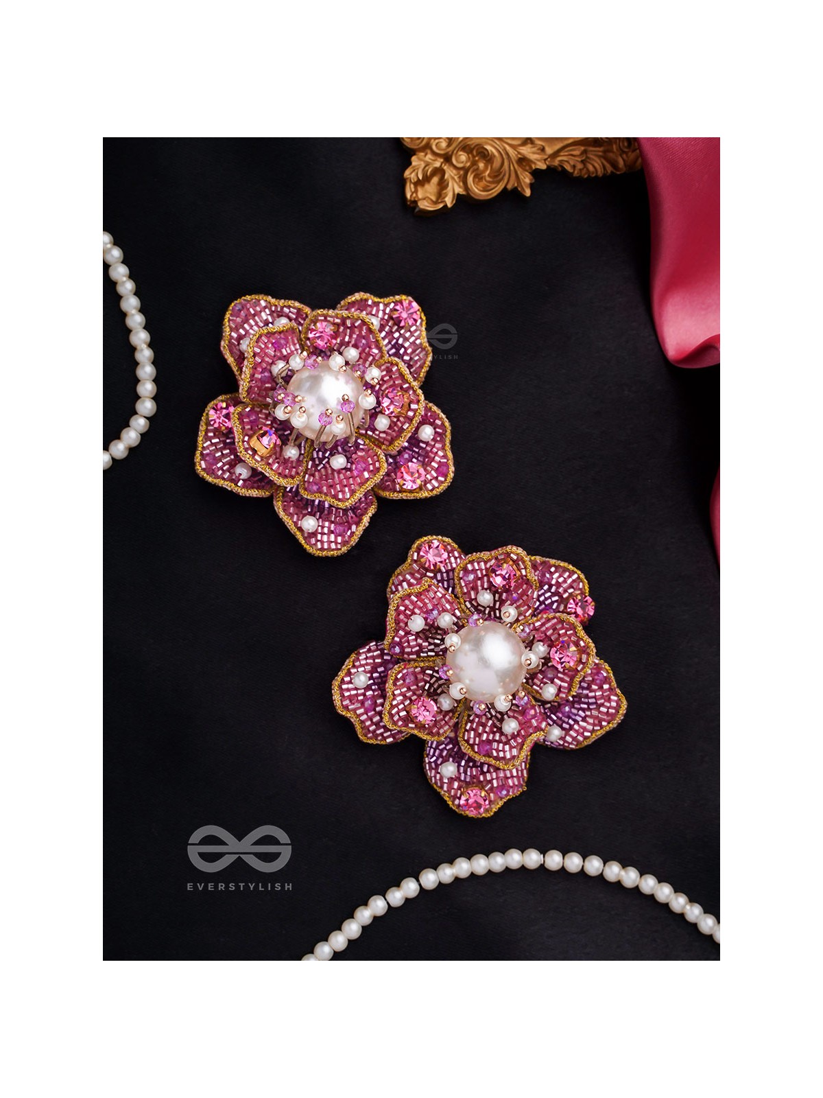 Taarana- The Pink Rose- Pearls, Stones & Beads Embroidered Earrings