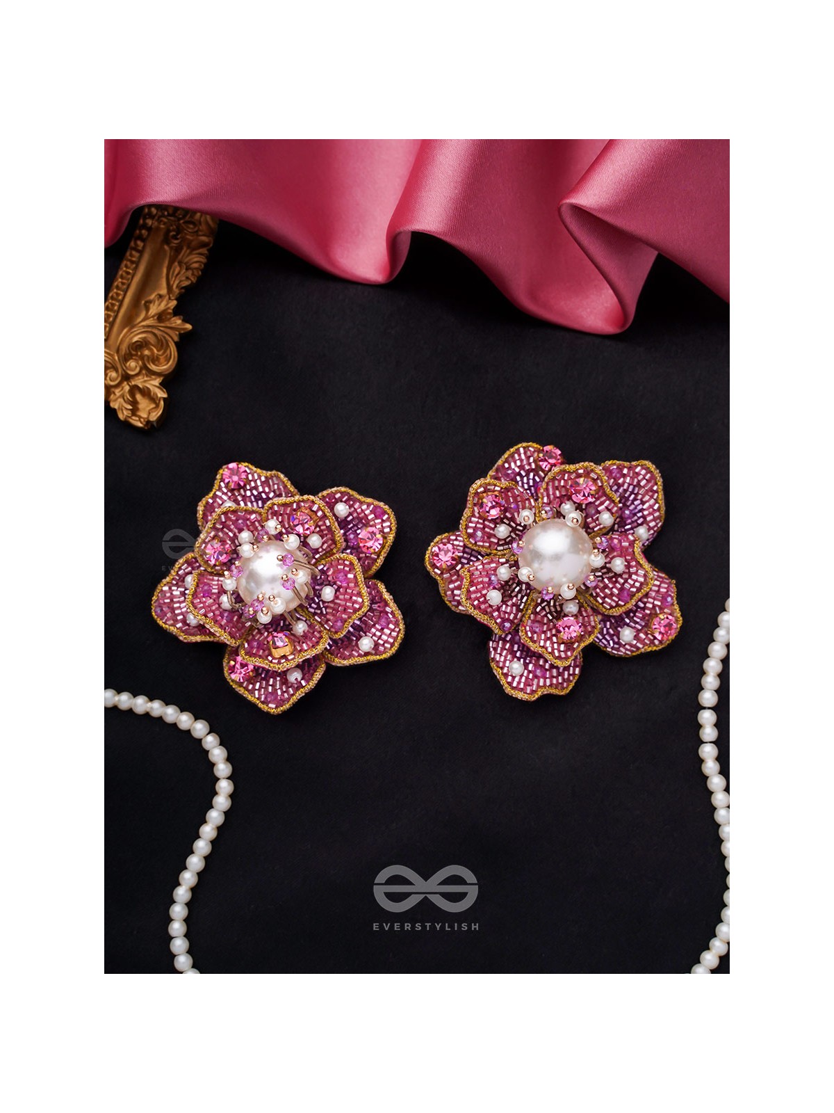 Taarana- The Pink Rose- Pearls, Stones & Beads Embroidered Earrings