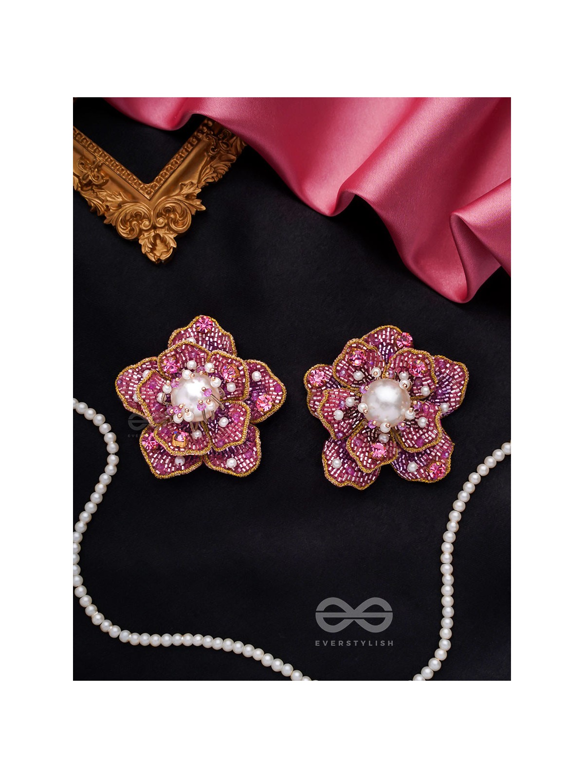 Taarana- The Pink Rose- Pearls, Stones & Beads Embroidered Earrings