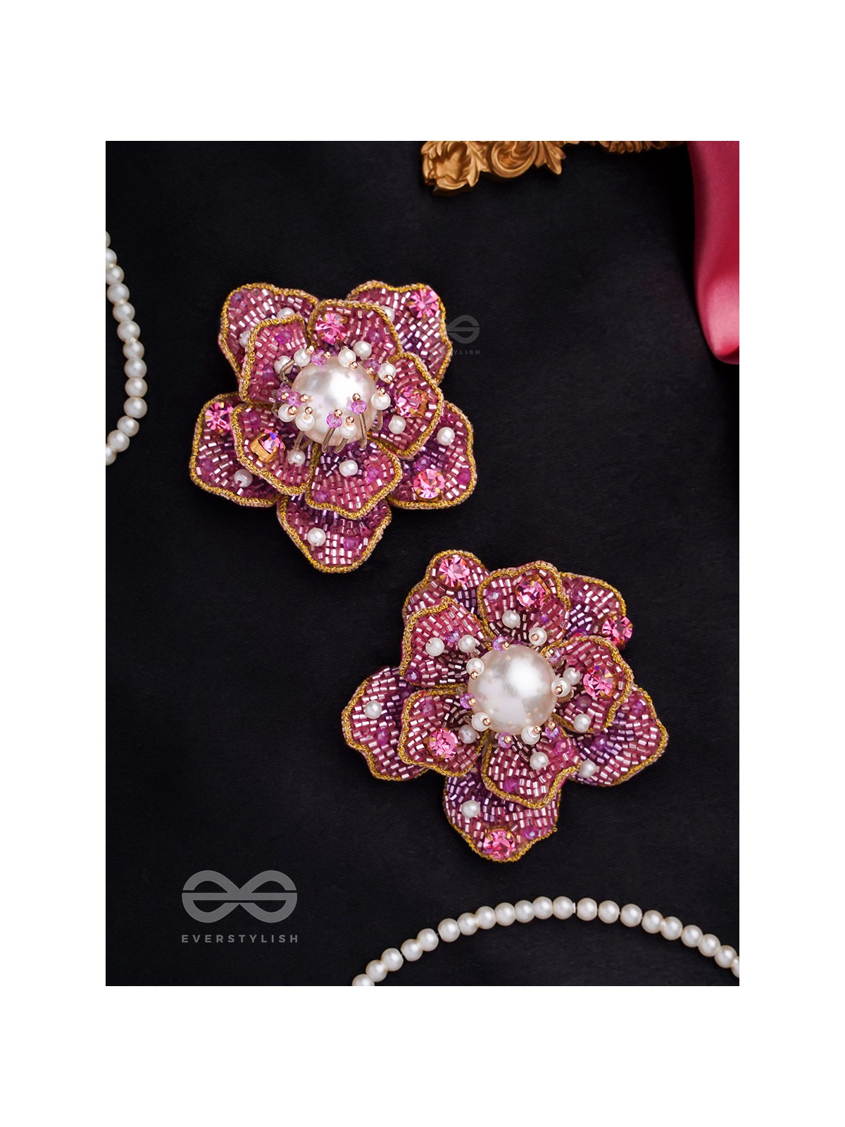 Taarana- The Pink Rose- Pearls, Stones & Beads Embroidered Earrings