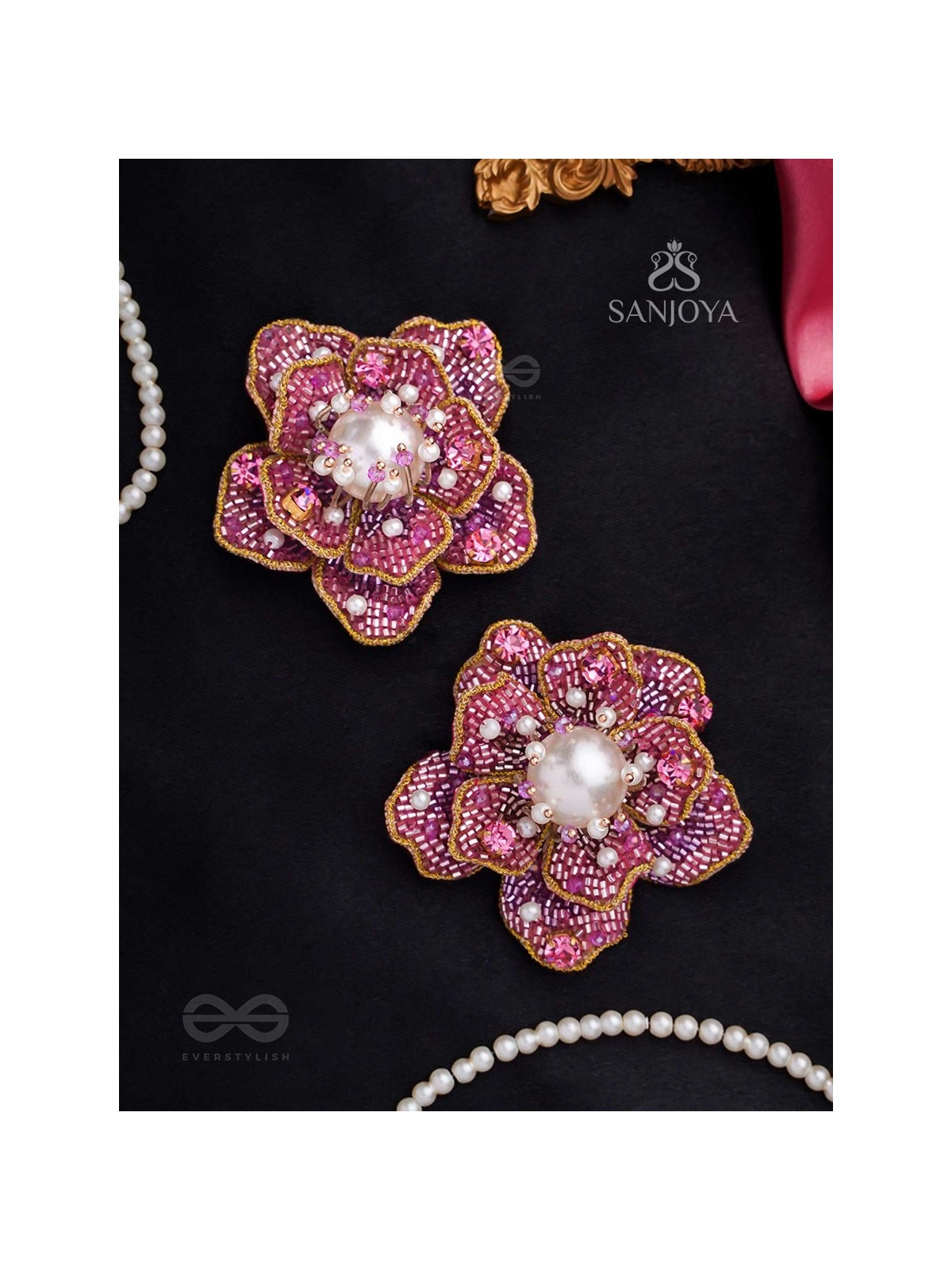 Taarana- The Pink Rose- Pearls, Stones & Beads Embroidered Earrings
