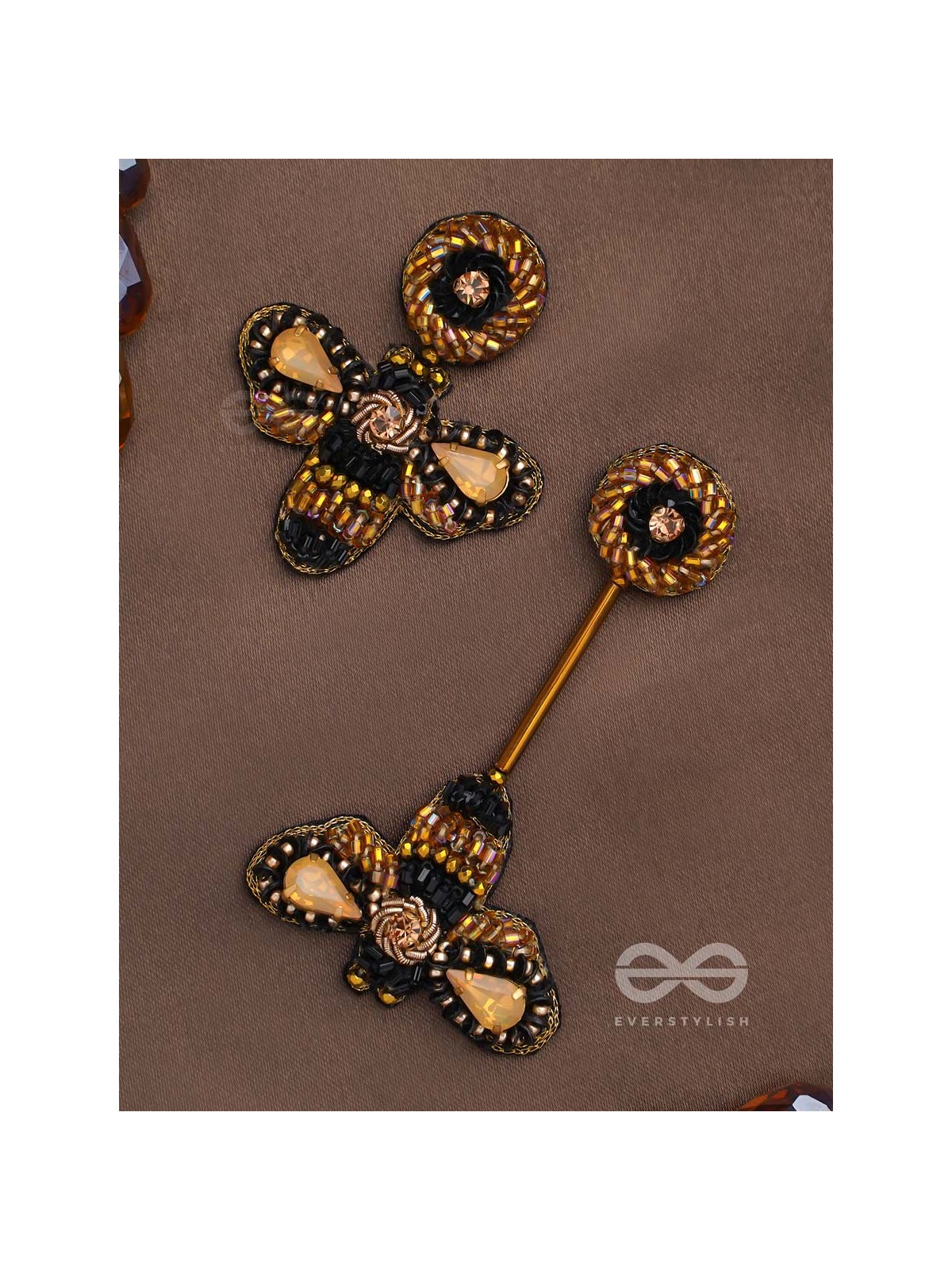 Saaragha - Pair Of Honeybees - Stones, Cutdana And Beads Hand Embroidered Earrings