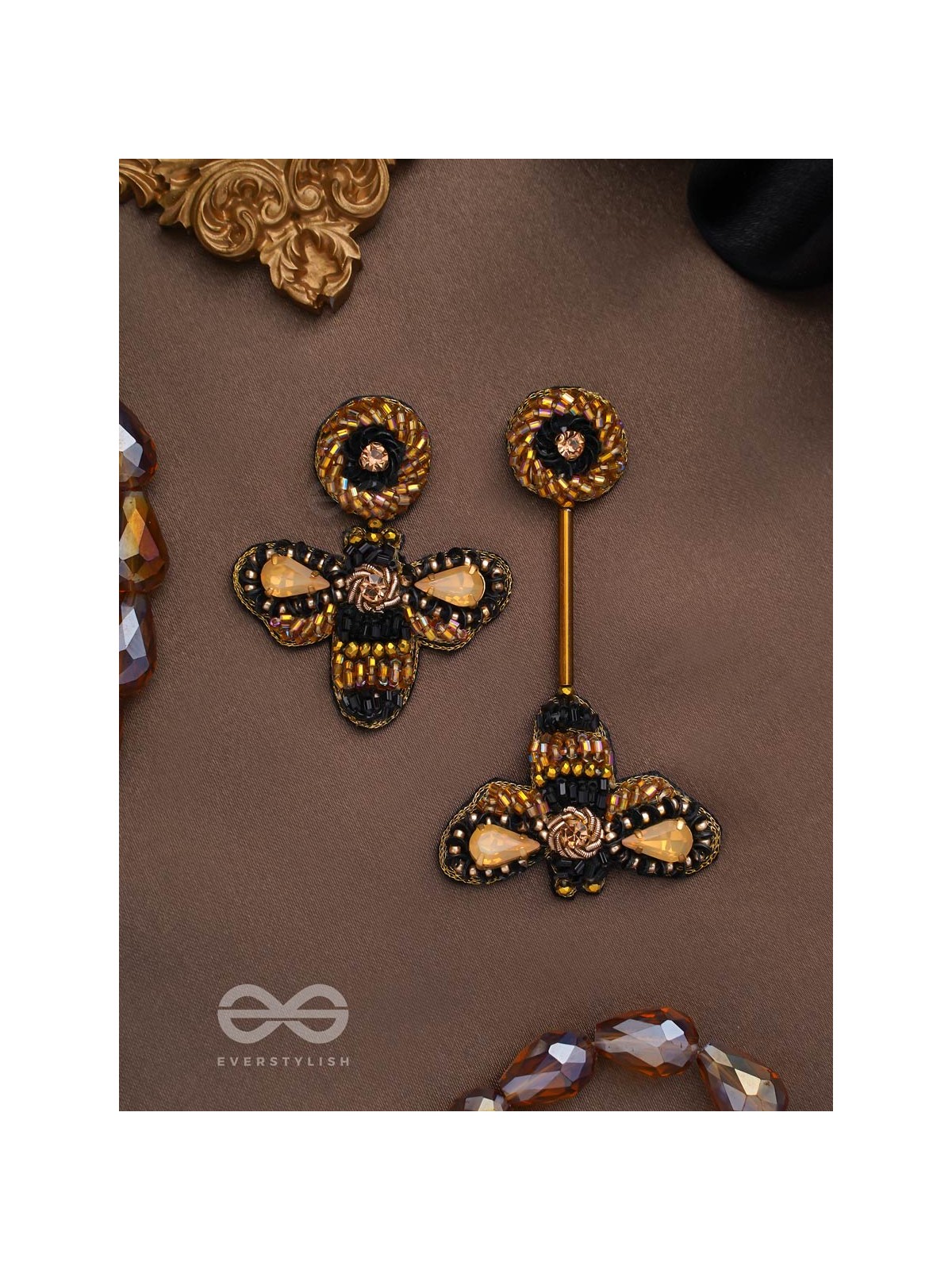 Saaragha - Pair Of Honeybees - Stones, Cutdana And Beads Hand Embroidered Earrings