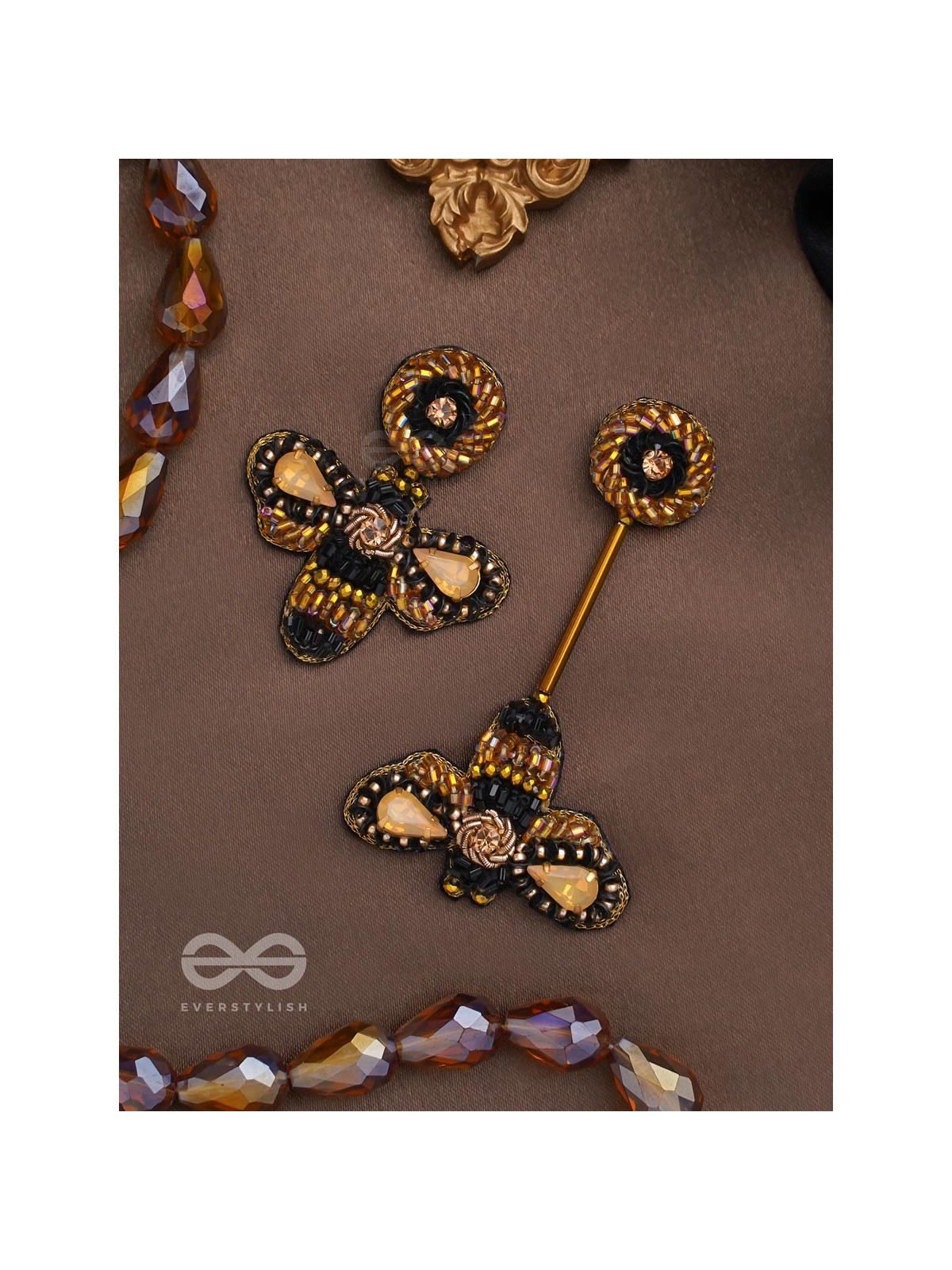 Saaragha - Pair Of Honeybees - Stones, Cutdana And Beads Hand Embroidered Earrings