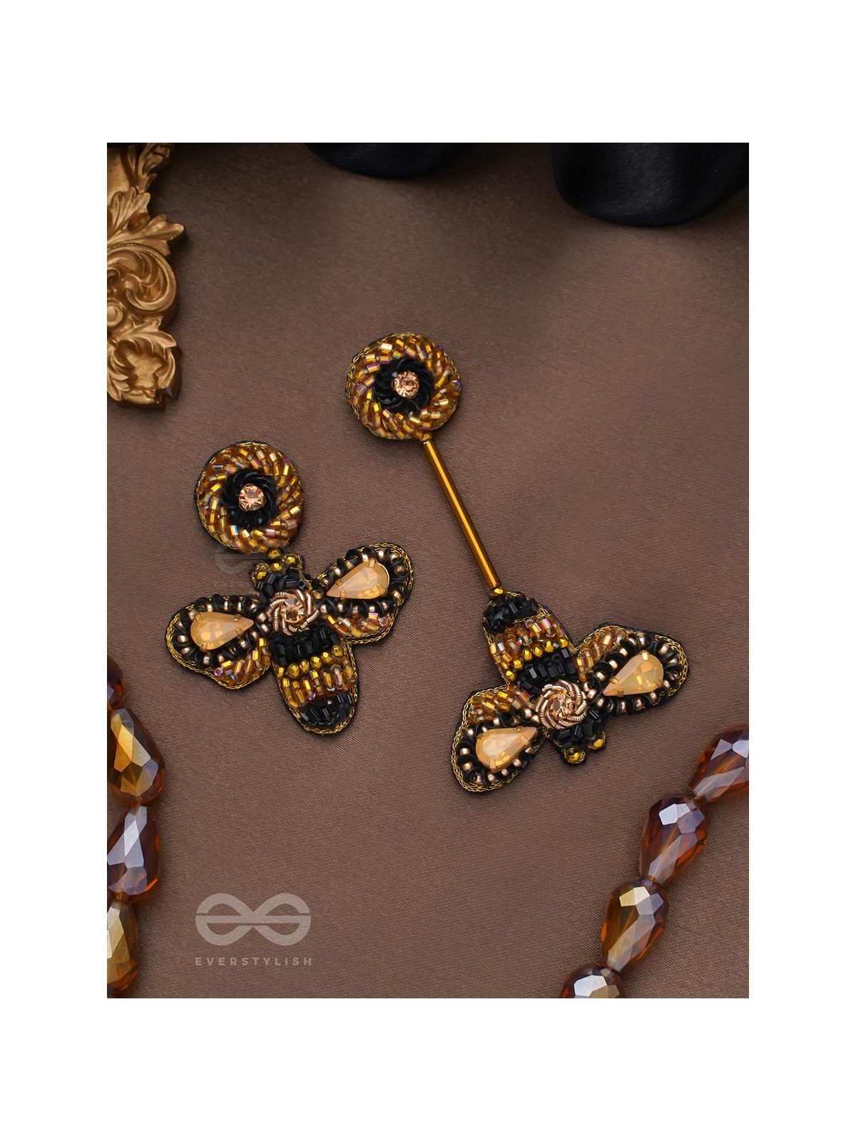 Saaragha - Pair Of Honeybees - Stones, Cutdana And Beads Hand Embroidered Earrings