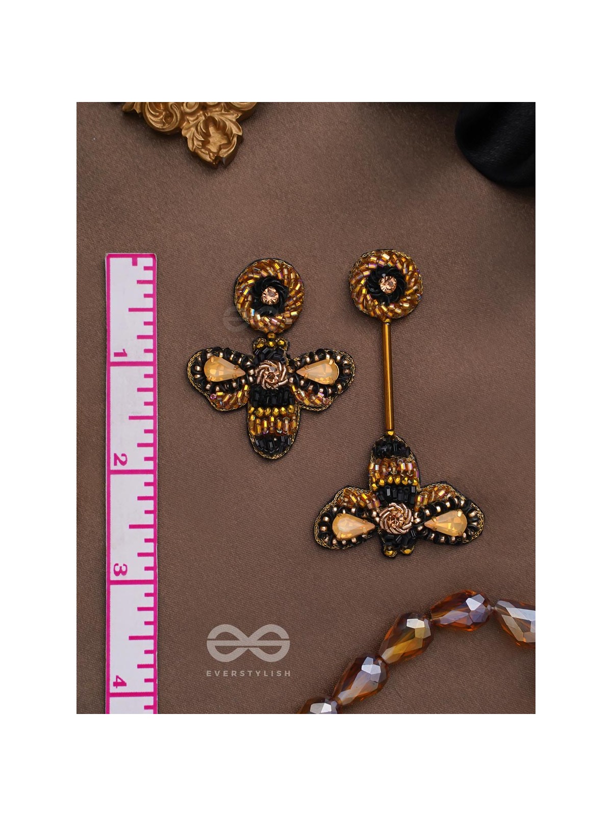 Saaragha - Pair Of Honeybees - Stones, Cutdana And Beads Hand Embroidered Earrings