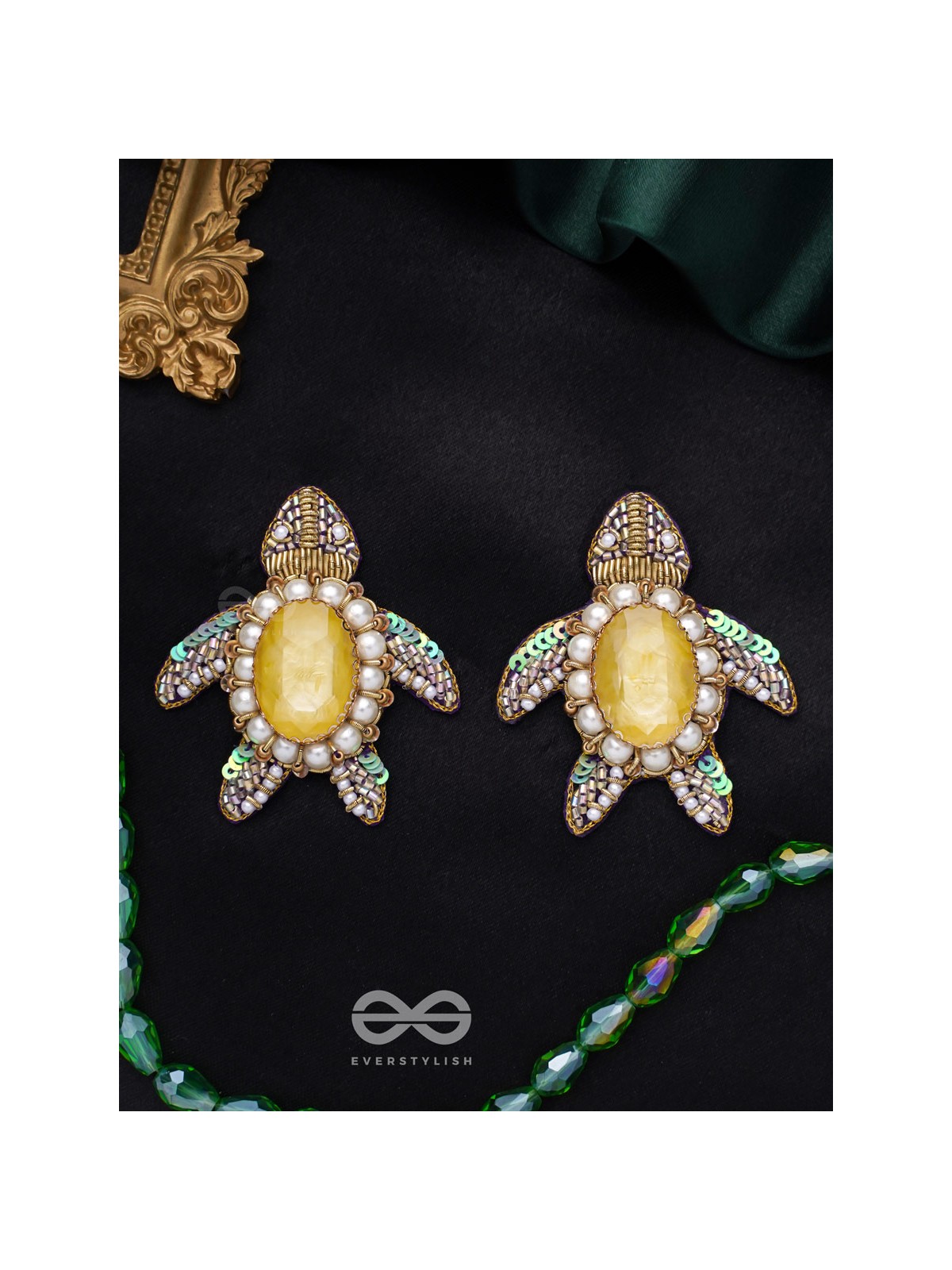 Kamatha- The Turtle Pair- Pearls, Stones & Sequins Embroidered Earrings