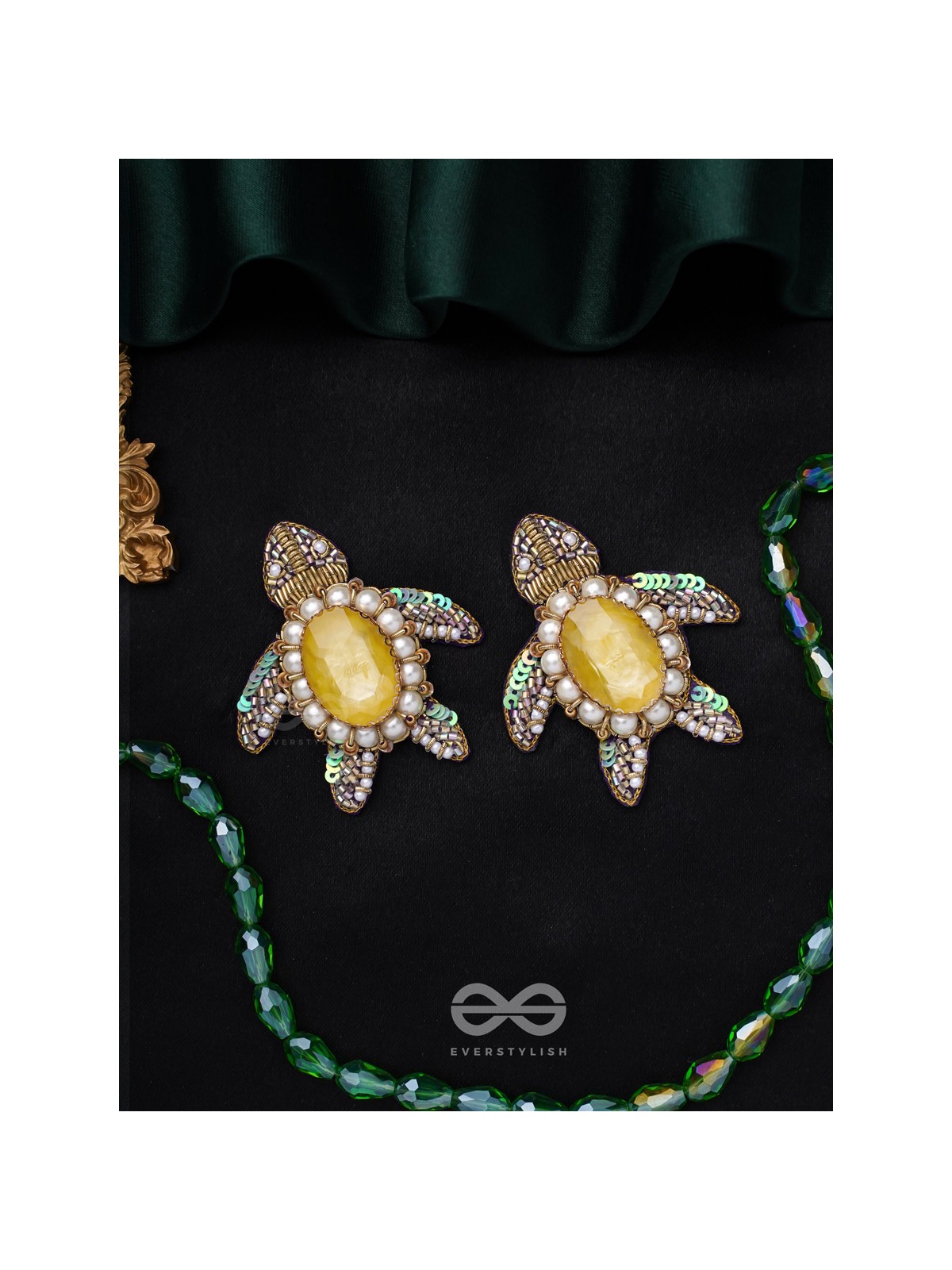 Kamatha- The Turtle Pair- Pearls, Stones & Sequins Embroidered Earrings