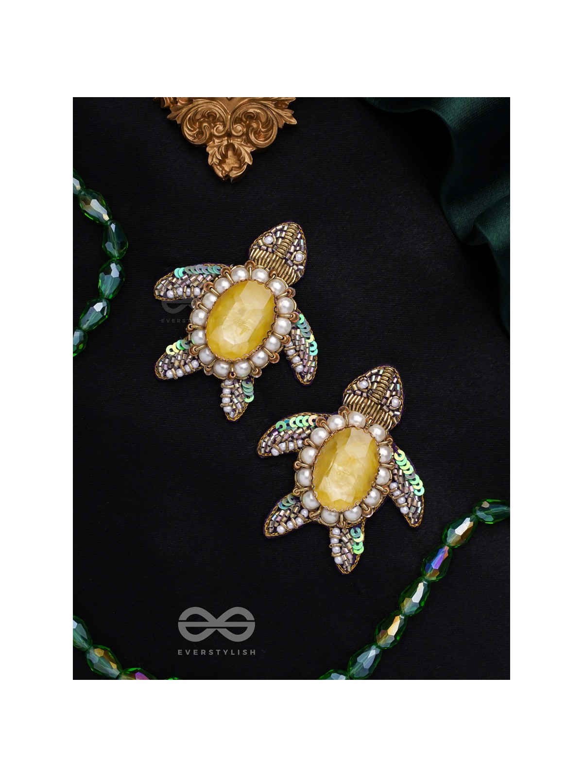 Kamatha- The Turtle Pair- Pearls, Stones & Sequins Embroidered Earrings