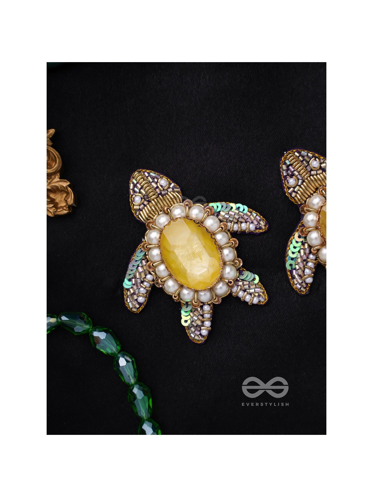 Kamatha- The Turtle Pair- Pearls, Stones & Sequins Embroidered Earrings
