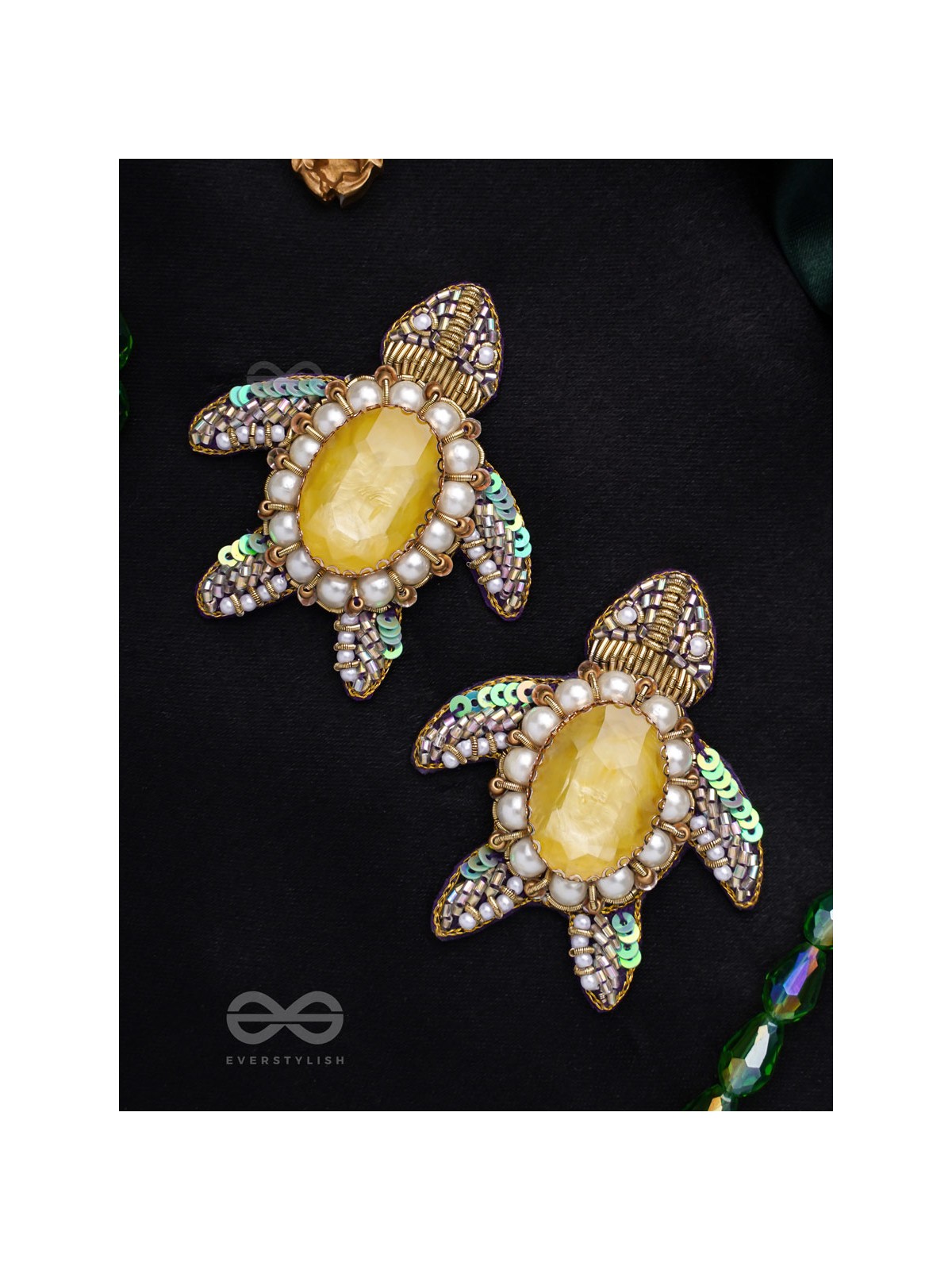 Kamatha- The Turtle Pair- Pearls, Stones & Sequins Embroidered Earrings