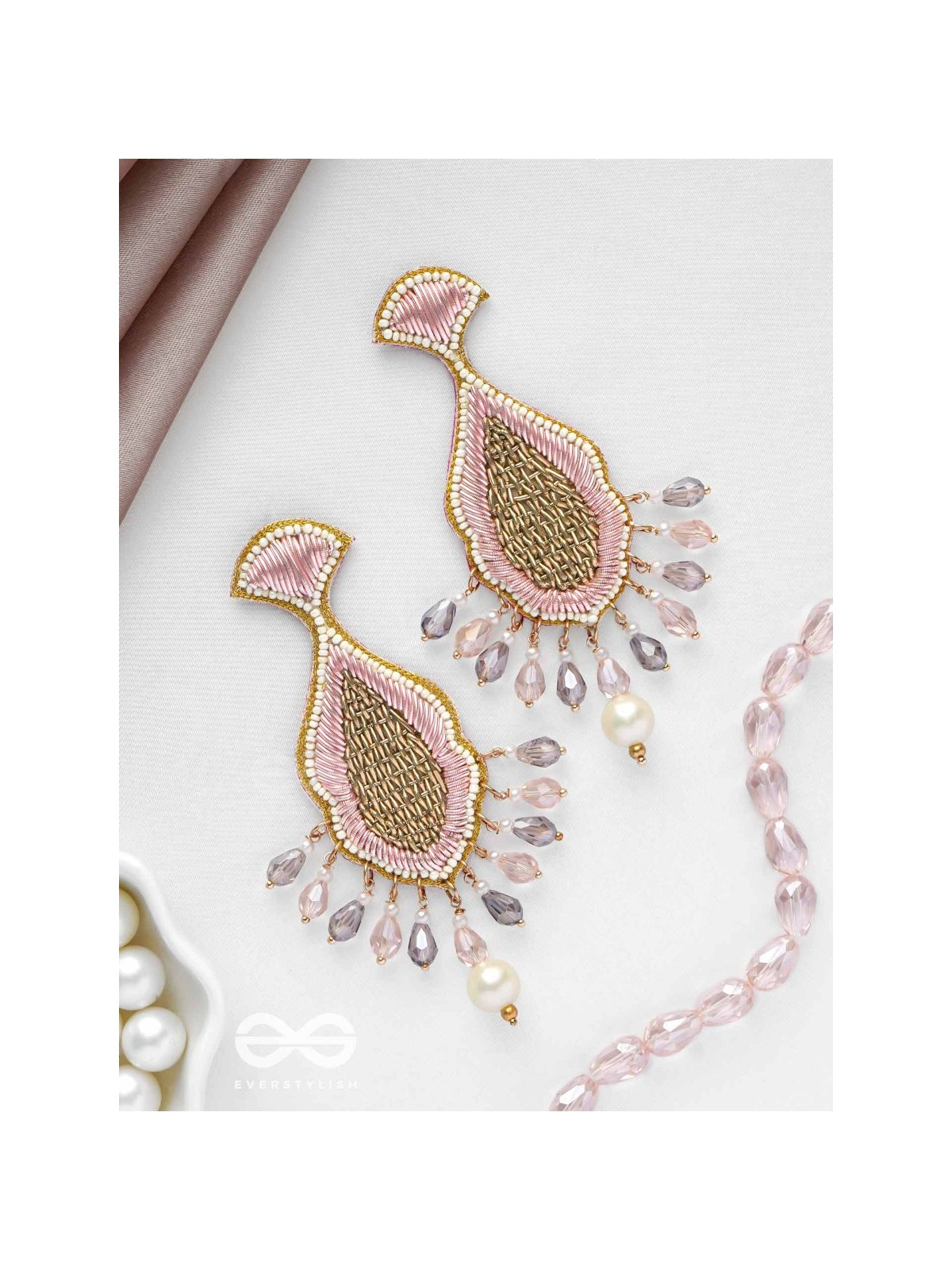 Teevara- The Coral Fish- Pearls & Glass Beads Embroidered Earrings