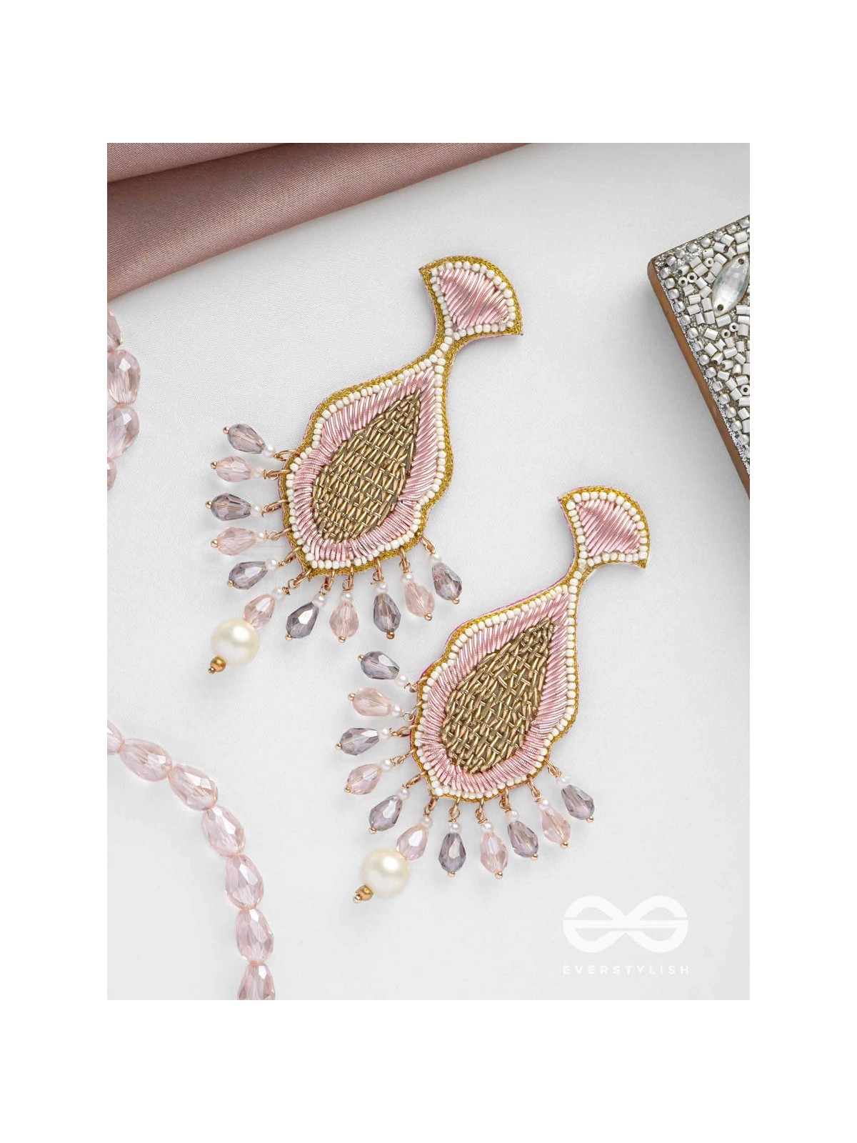 Teevara- The Coral Fish- Pearls & Glass Beads Embroidered Earrings