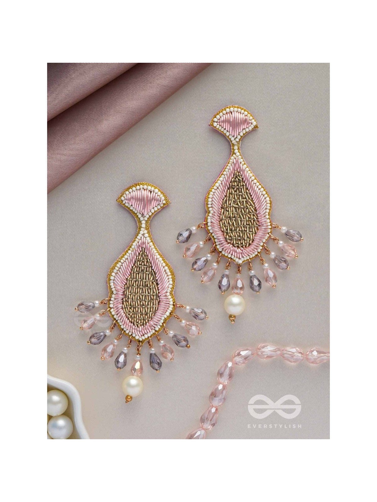 Teevara- The Coral Fish- Pearls & Glass Beads Embroidered Earrings