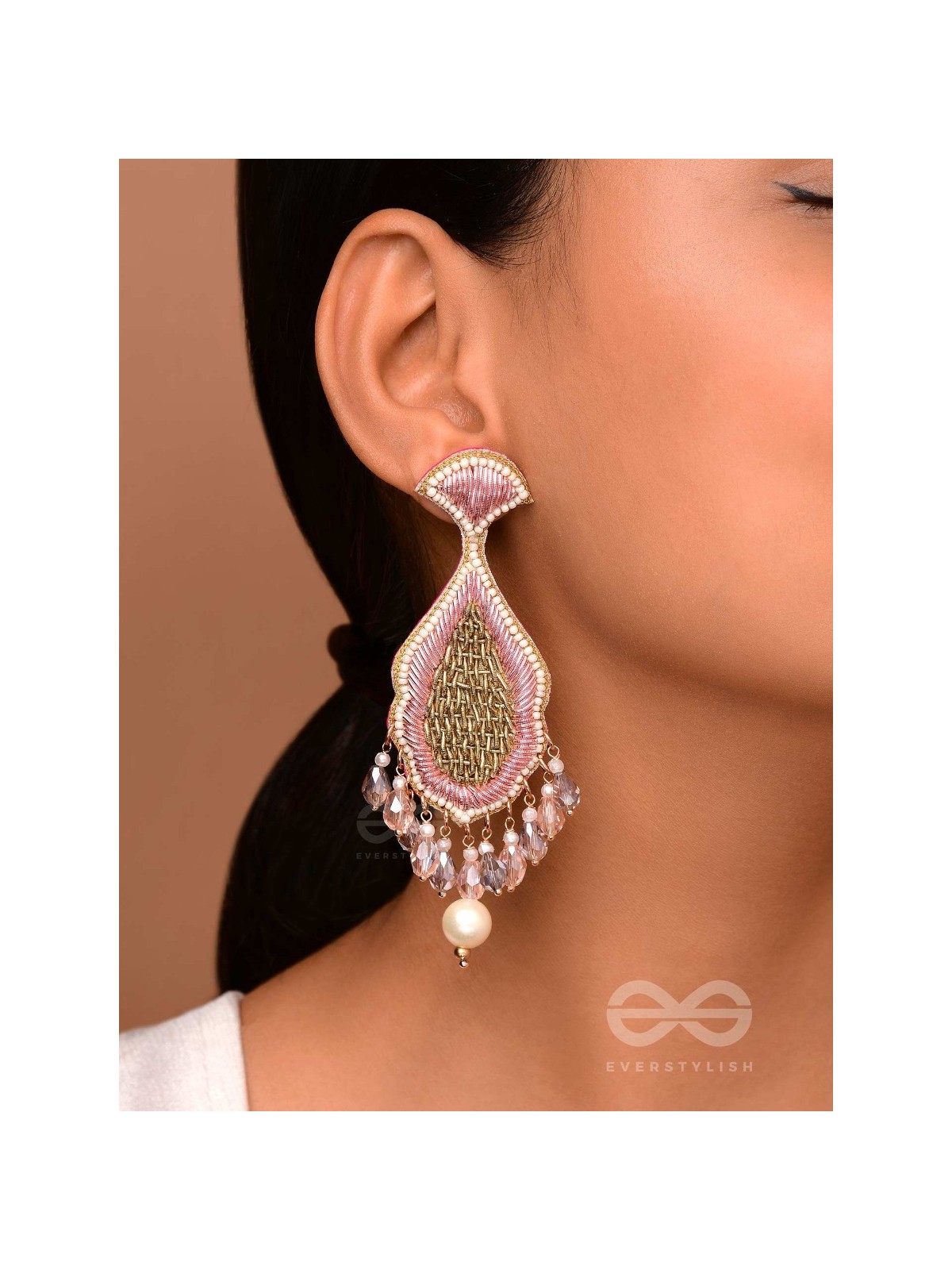 Teevara- The Coral Fish- Pearls & Glass Beads Embroidered Earrings