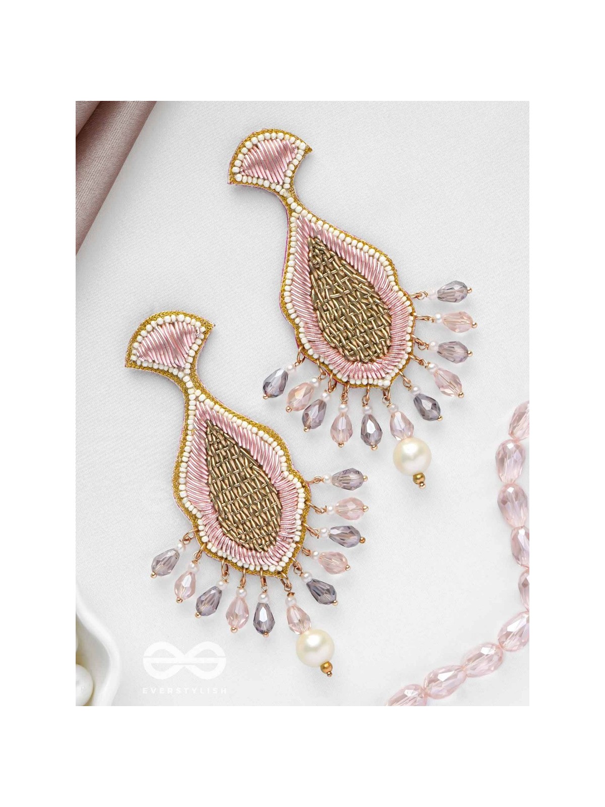 Teevara- The Coral Fish- Pearls & Glass Beads Embroidered Earrings