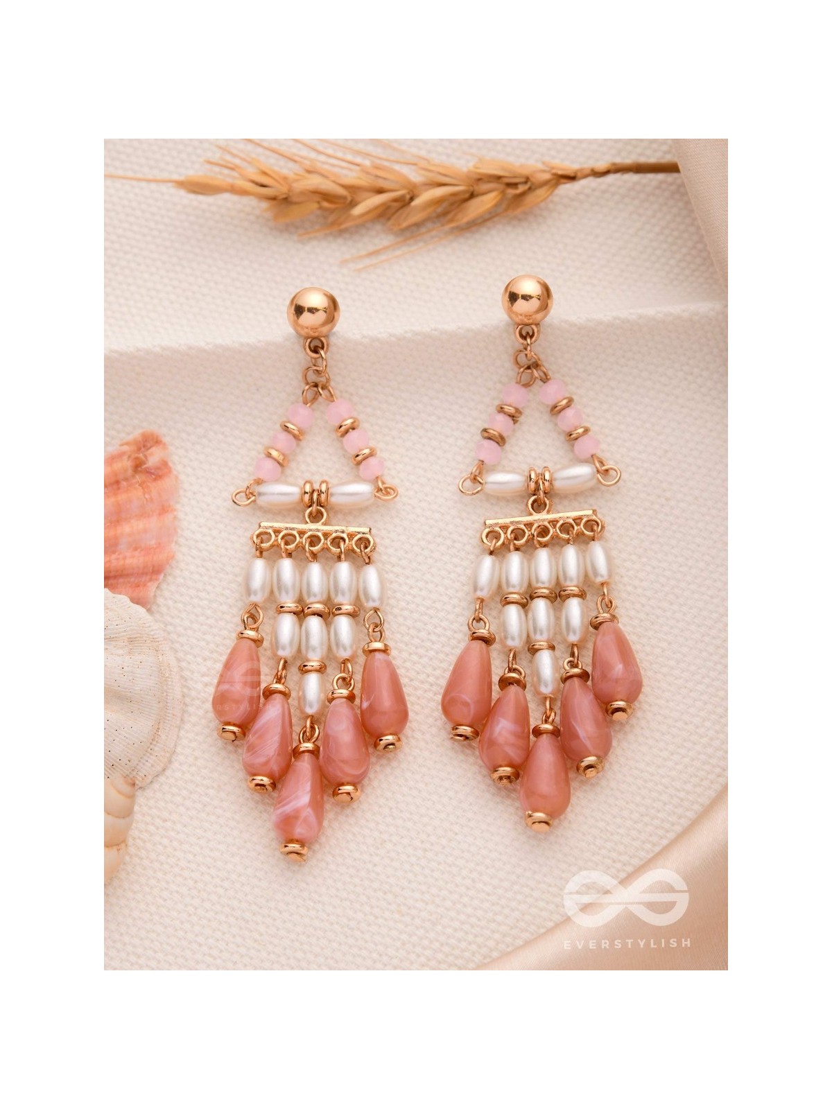 THE MYSTERIOUS SKIES - PEARLS STATEMENT EARRINGS (PEACH AND WHITE)