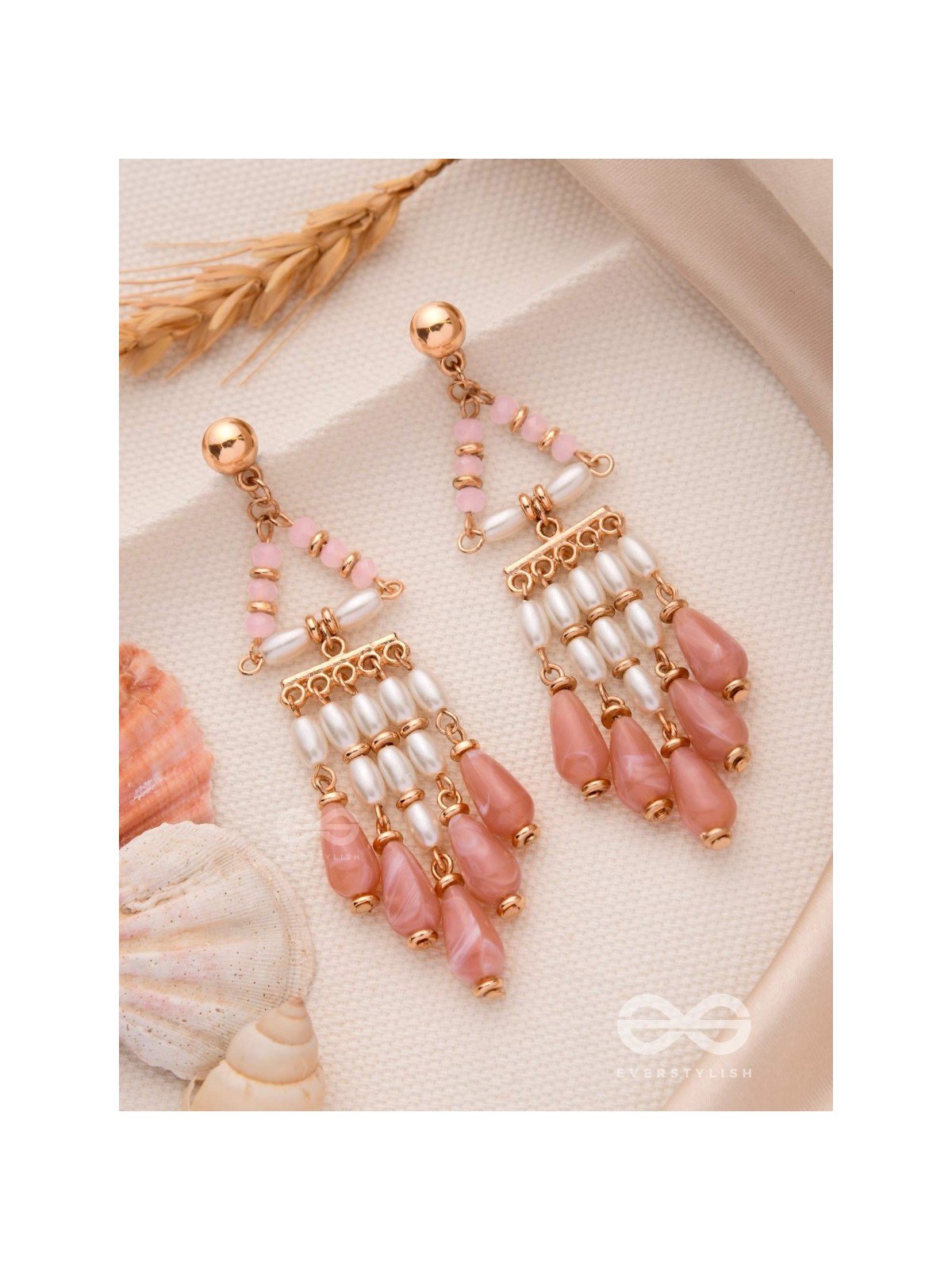 THE MYSTERIOUS SKIES - PEARLS STATEMENT EARRINGS (PEACH AND WHITE)