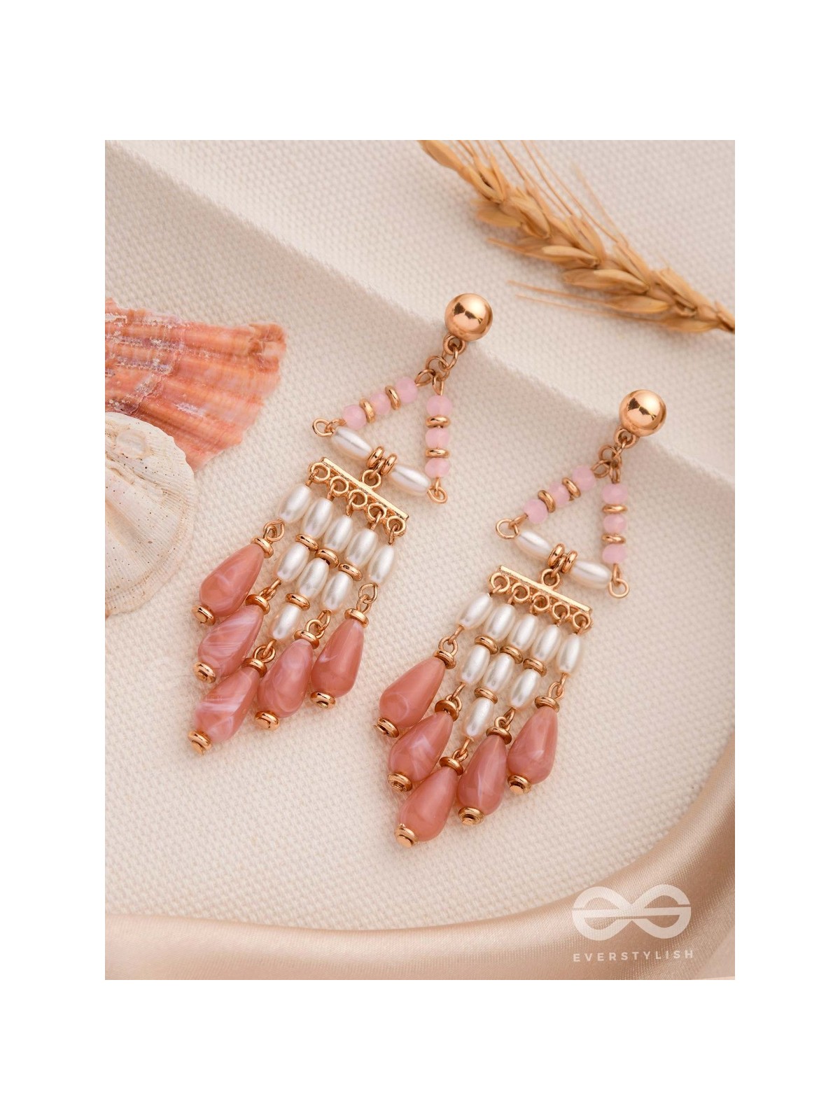 THE MYSTERIOUS SKIES - PEARLS STATEMENT EARRINGS (PEACH AND WHITE)