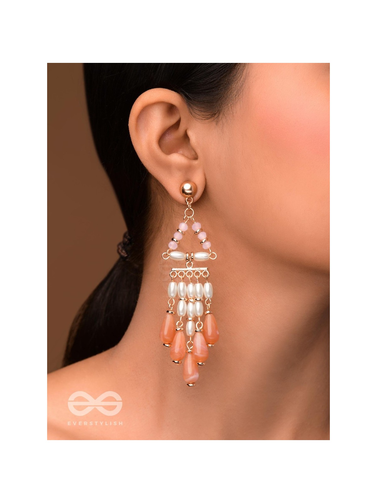 THE MYSTERIOUS SKIES - PEARLS STATEMENT EARRINGS (PEACH AND WHITE)