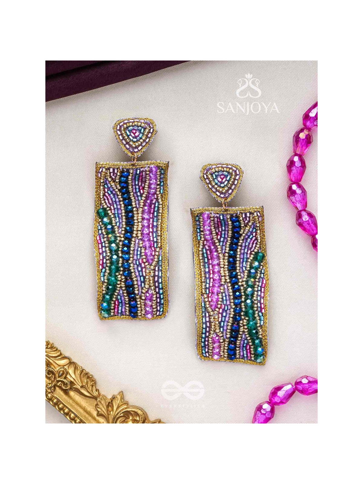 ABHIRAMA - THE BEAUTIFUL CANVAS - BEADED RECTANGLE EMBROIDERED EARRINGS ( MULTICOLOR )