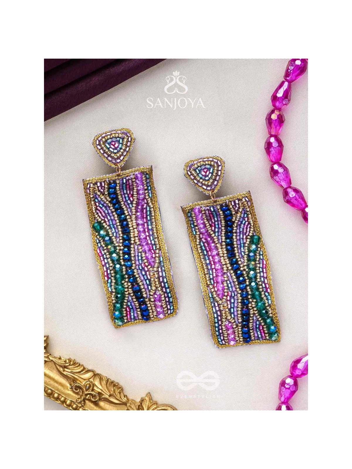 ABHIRAMA - THE BEAUTIFUL CANVAS - BEADED RECTANGLE EMBROIDERED EARRINGS ( MULTICOLOR )