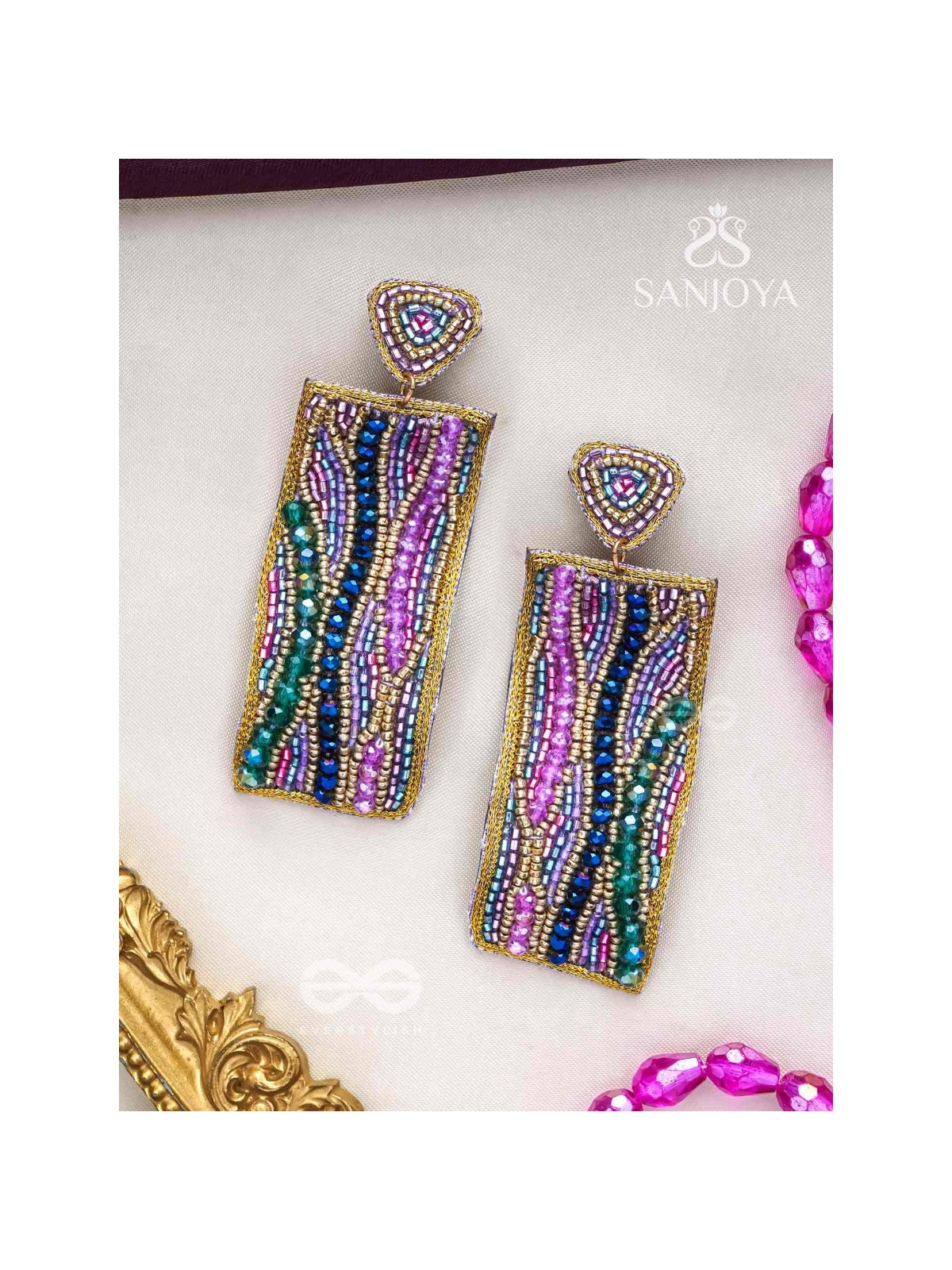 ABHIRAMA - THE BEAUTIFUL CANVAS - BEADED RECTANGLE EMBROIDERED EARRINGS ( MULTICOLOR )