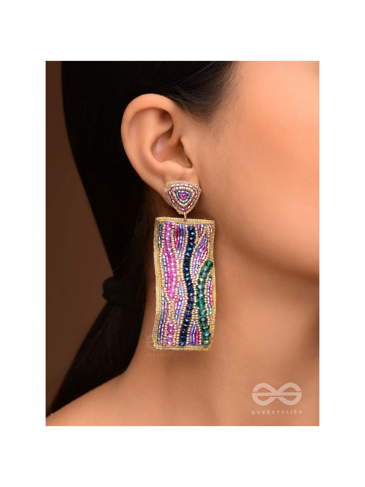 ABHIRAMA - THE BEAUTIFUL CANVAS - BEADED RECTANGLE EMBROIDERED EARRINGS ( MULTICOLOR )