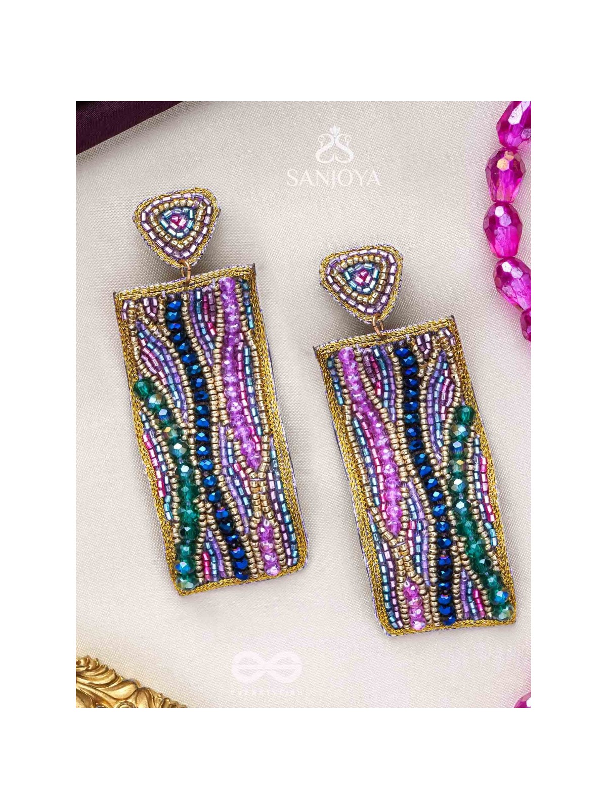 ABHIRAMA - THE BEAUTIFUL CANVAS - BEADED RECTANGLE EMBROIDERED EARRINGS ( MULTICOLOR )